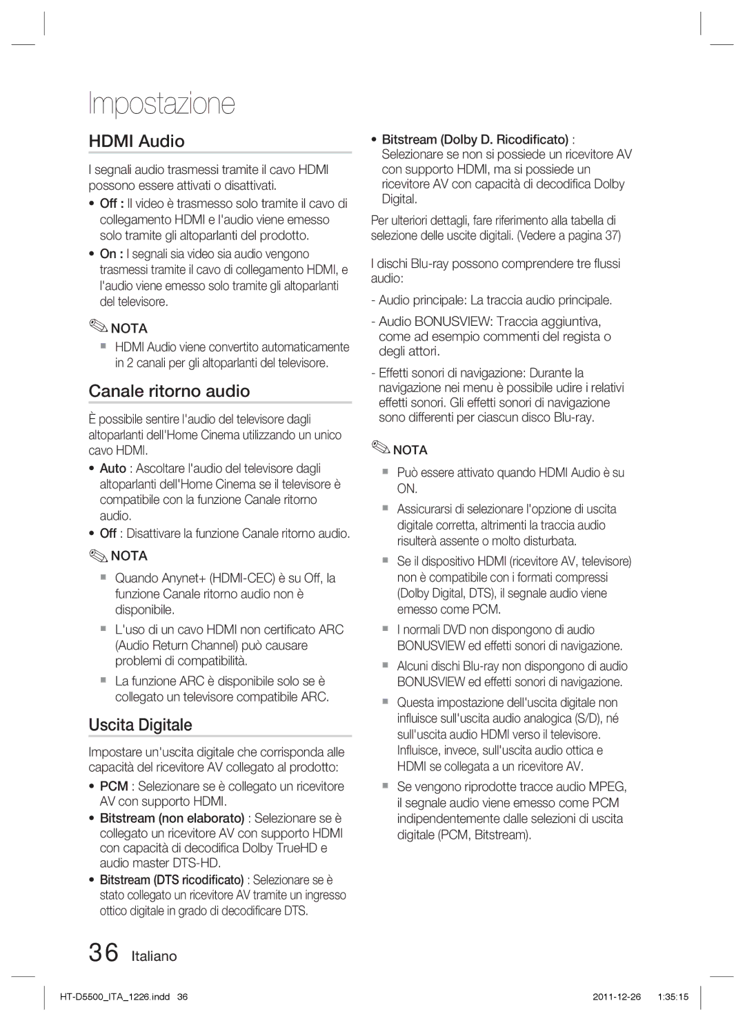 Samsung HT-D5530/ZF manual Canale ritorno audio, Uscita Digitale,  Può essere attivato quando Hdmi Audio è su on 