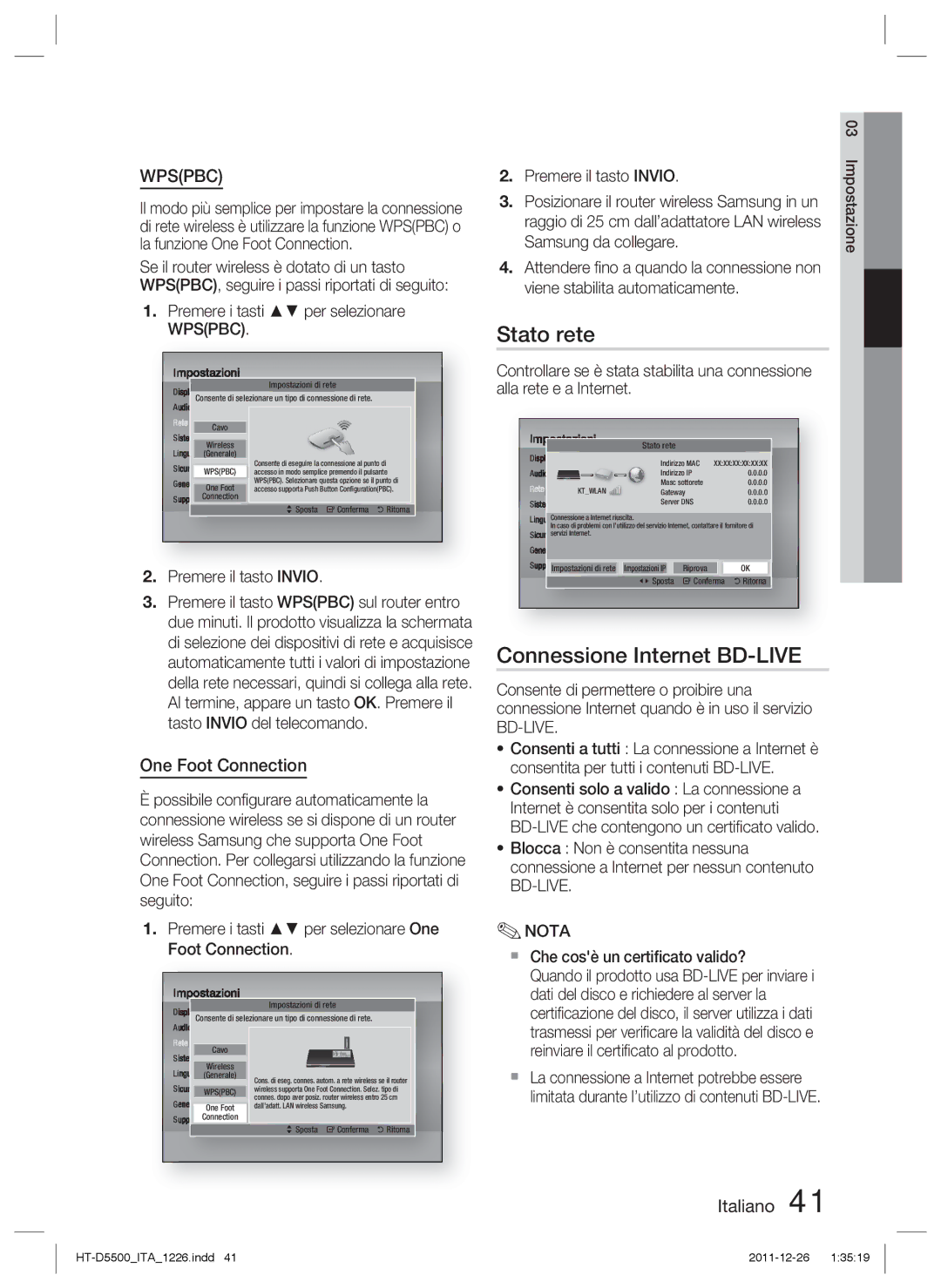 Samsung HT-D5500/ZF, HT-D5530/ZF, HT-D5550/ZF manual Stato rete, Connessione Internet BD-LIVE 