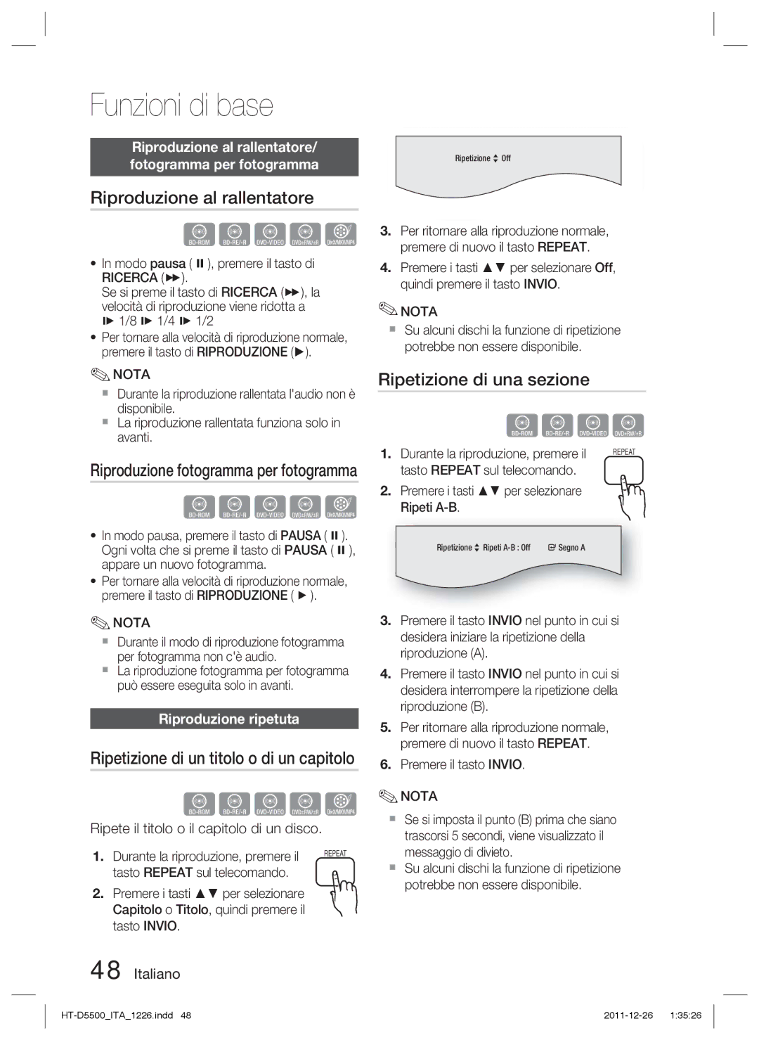 Samsung HT-D5530/ZF, HT-D5550/ZF manual Riproduzione al rallentatore, Ripetizione di una sezione, Riproduzione ripetuta 