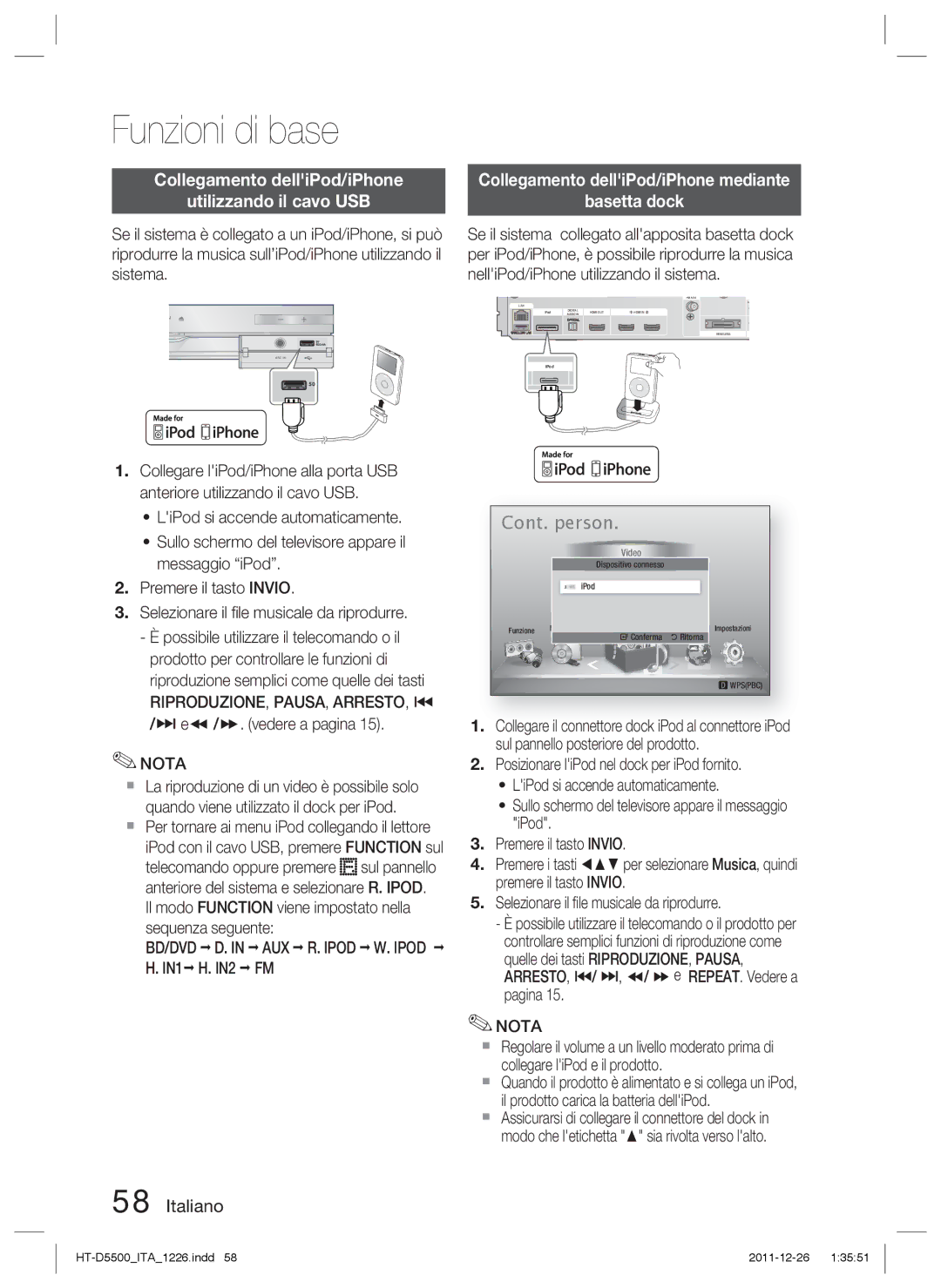 Samsung HT-D5550/ZF, HT-D5530/ZF Collegamento delliPod/iPhone Utilizzando il cavo USB, Riproduzione, Pausa, Arresto, # 