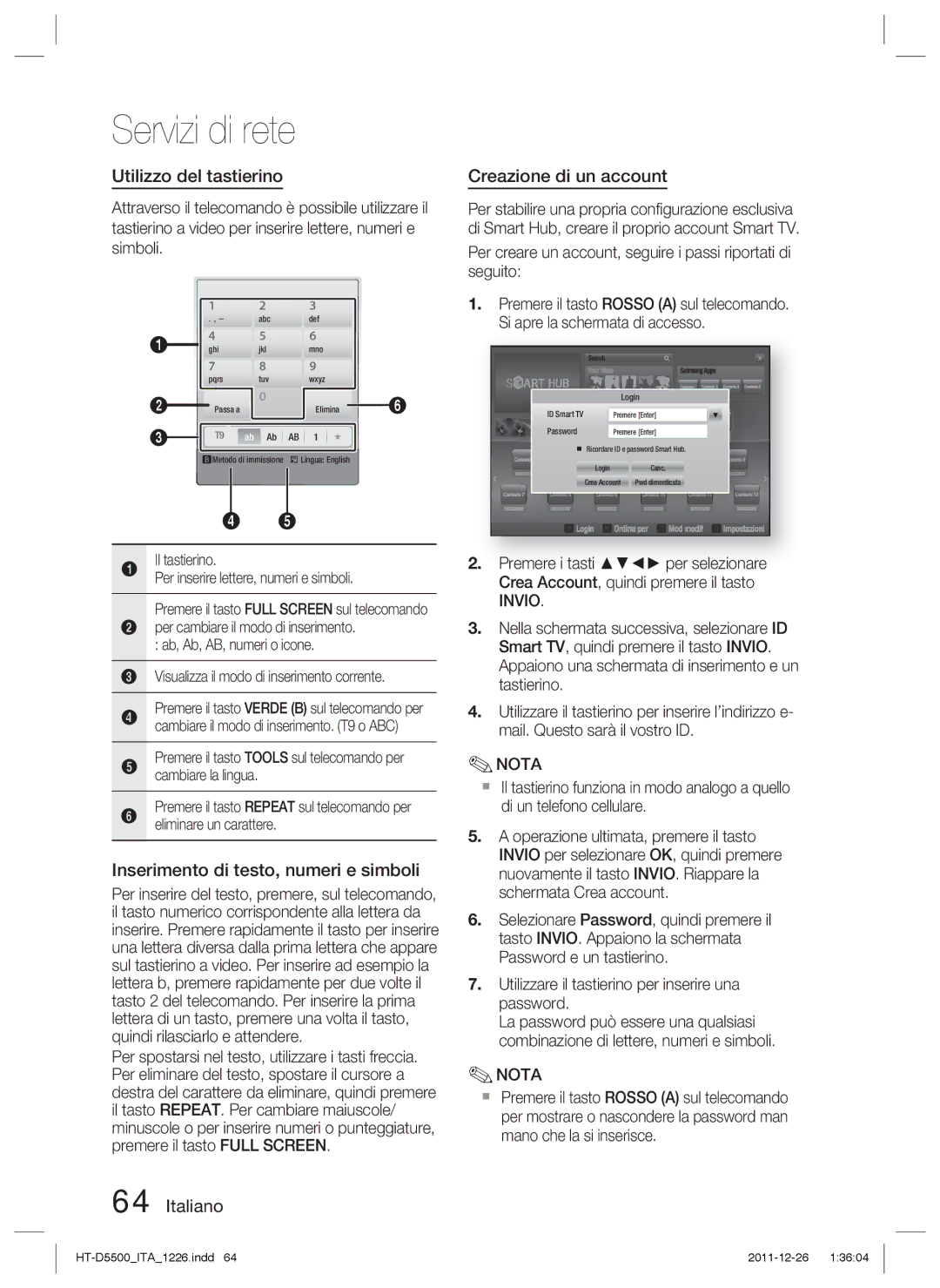 Samsung HT-D5550/ZF Utilizzo del tastierino, Inserimento di testo, numeri e simboli, Italiano Creazione di un account 