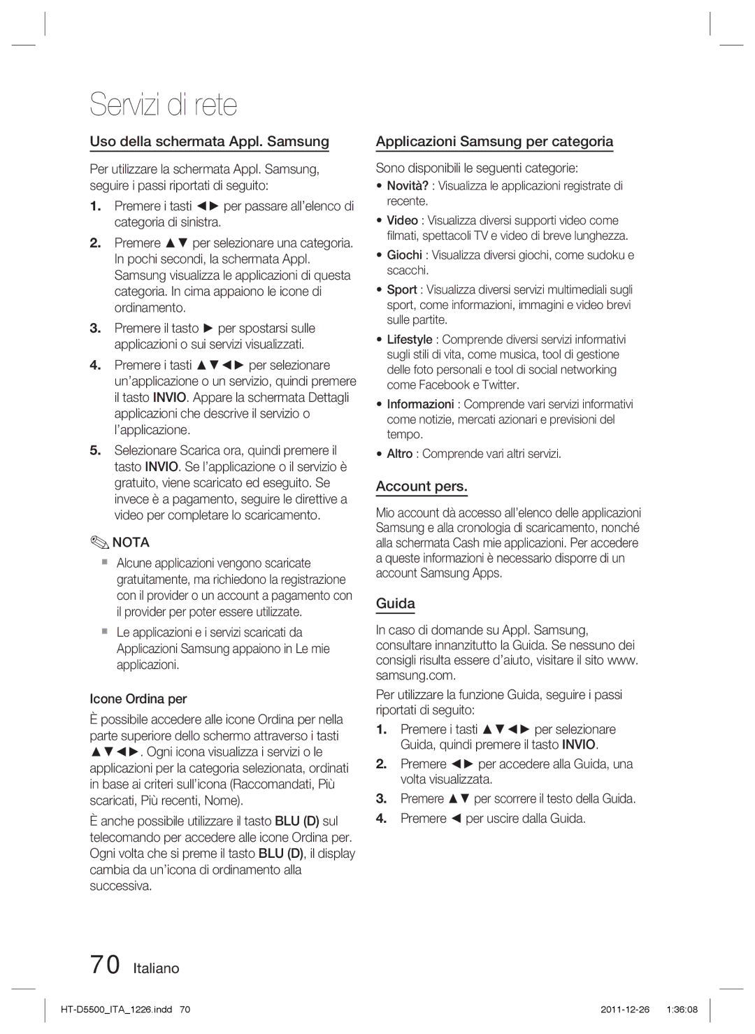 Samsung HT-D5550/ZF manual Uso della schermata Appl. Samsung, Applicazioni Samsung per categoria, Account pers, Guida 