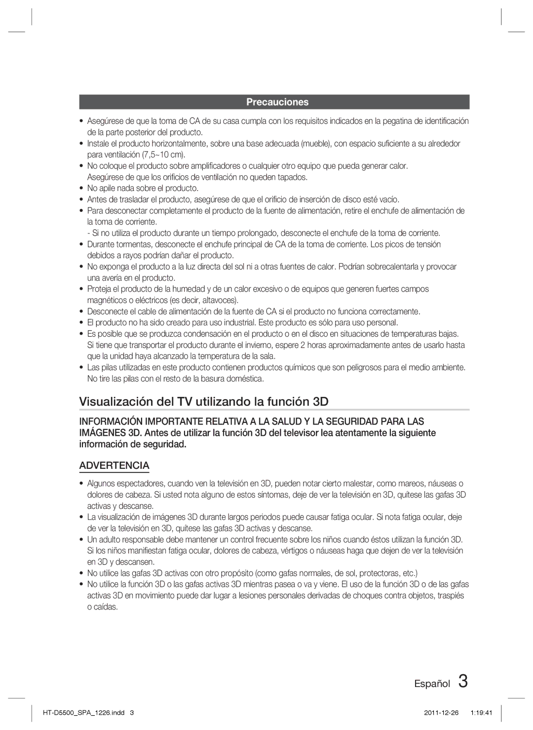 Samsung HT-D5530/ZF, HT-D5550/ZF, HT-D5500/ZF manual Visualización del TV utilizando la función 3D, Precauciones 