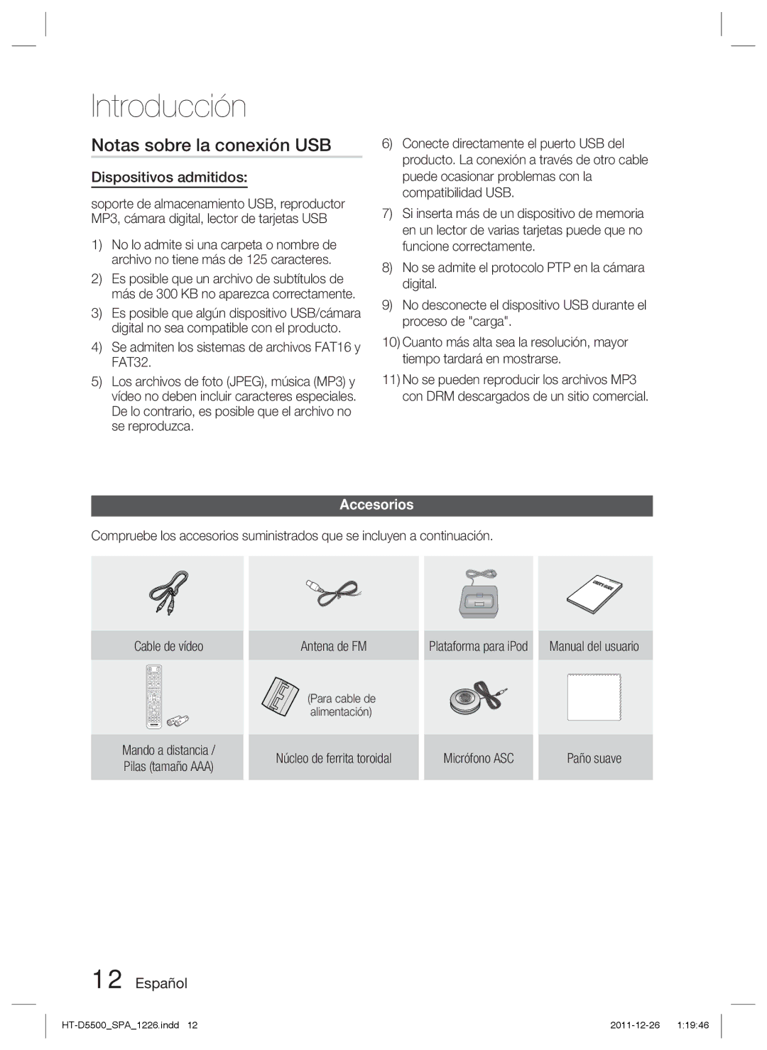 Samsung HT-D5530/ZF, HT-D5550/ZF, HT-D5500/ZF Notas sobre la conexión USB, Dispositivos admitidos, Accesorios, Antena de FM 