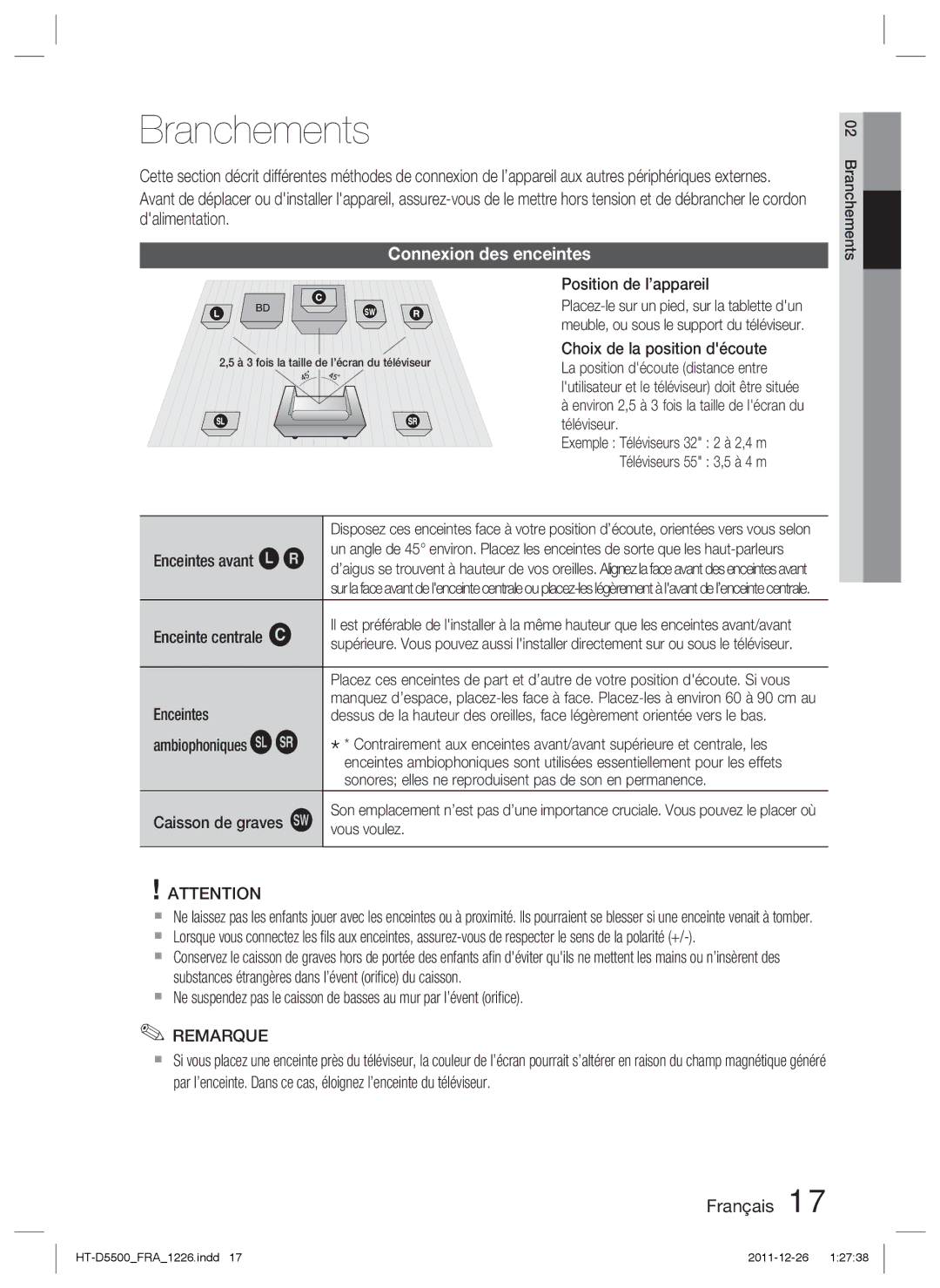 Samsung HT-D5500/ZF, HT-D5530/ZF, HT-D5550/ZF manual Branchements, Connexion des enceintes 