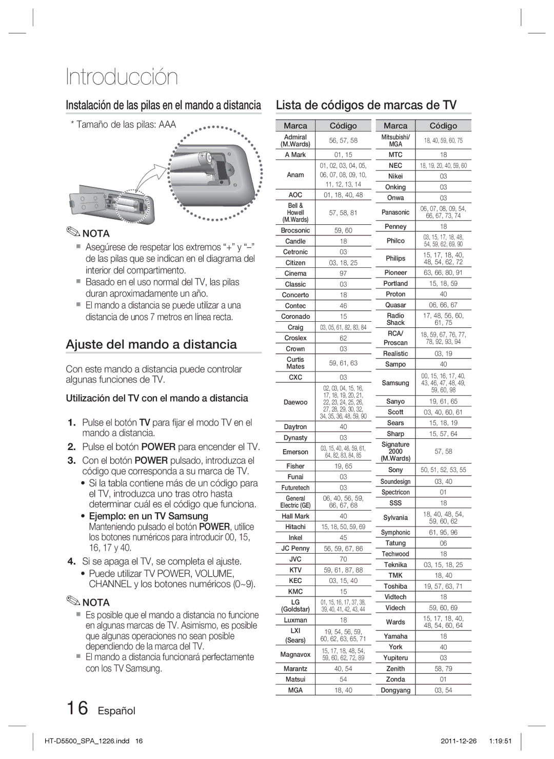 Samsung HT-D5550/ZF Lista de códigos de marcas de TV, Ajuste del mando a distancia, Tamaño de las pilas AAA, Marca Código 