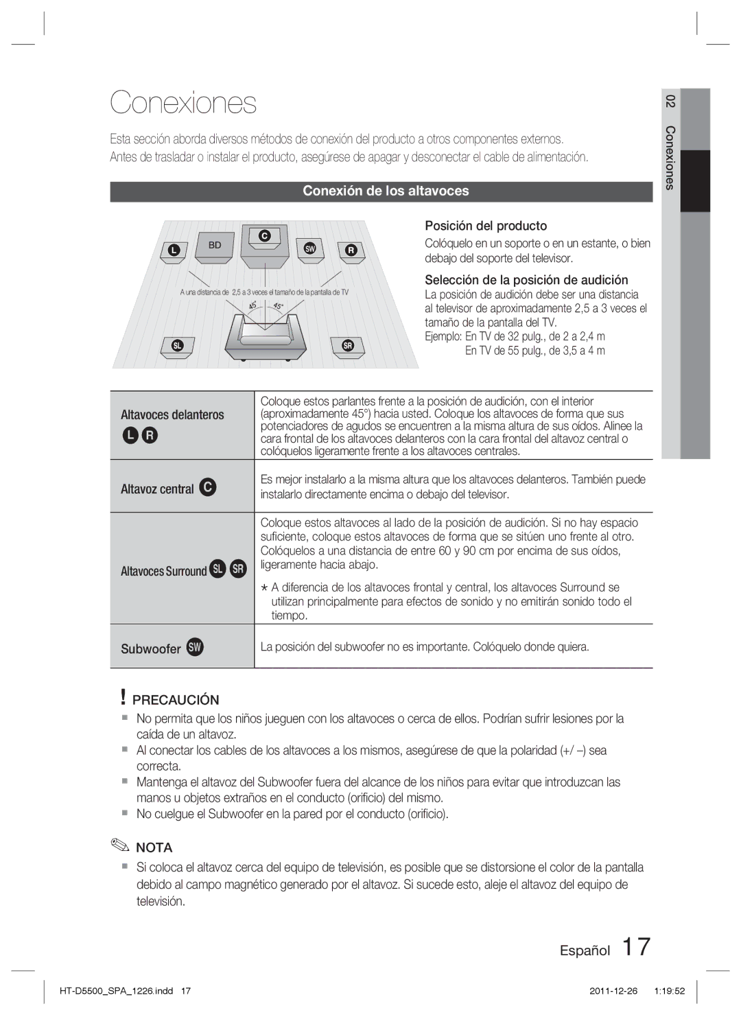 Samsung HT-D5500/ZF, HT-D5530/ZF, HT-D5550/ZF manual Conexiones, Conexión de los altavoces 