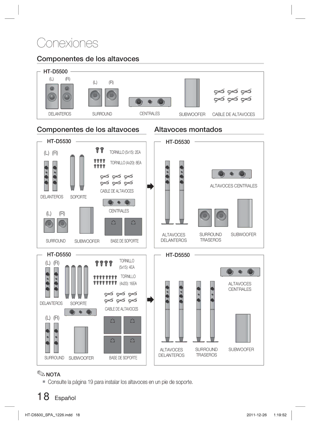 Samsung HT-D5530/ZF, HT-D5550/ZF, HT-D5500/ZF manual Componentes de los altavoces Altavoces montados, 5X15 4EA, 4X20 16EA 