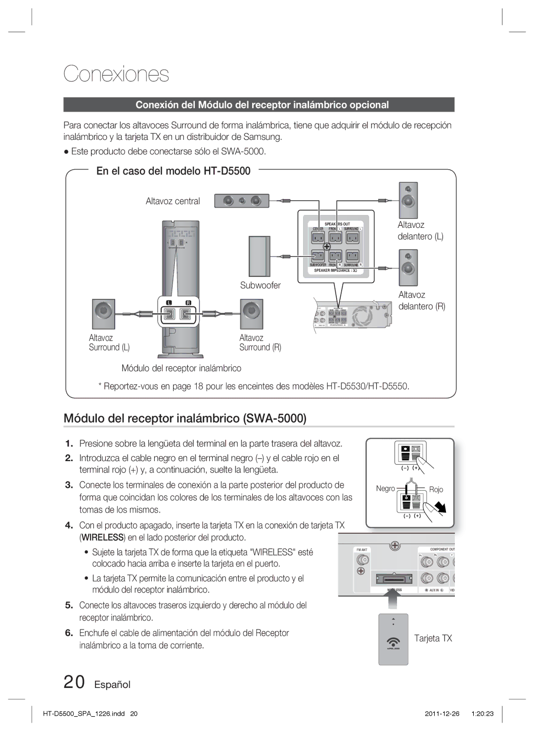 Samsung HT-D5500/ZF manual Módulo del receptor inalámbrico SWA-5000, Conexión del Módulo del receptor inalámbrico opcional 