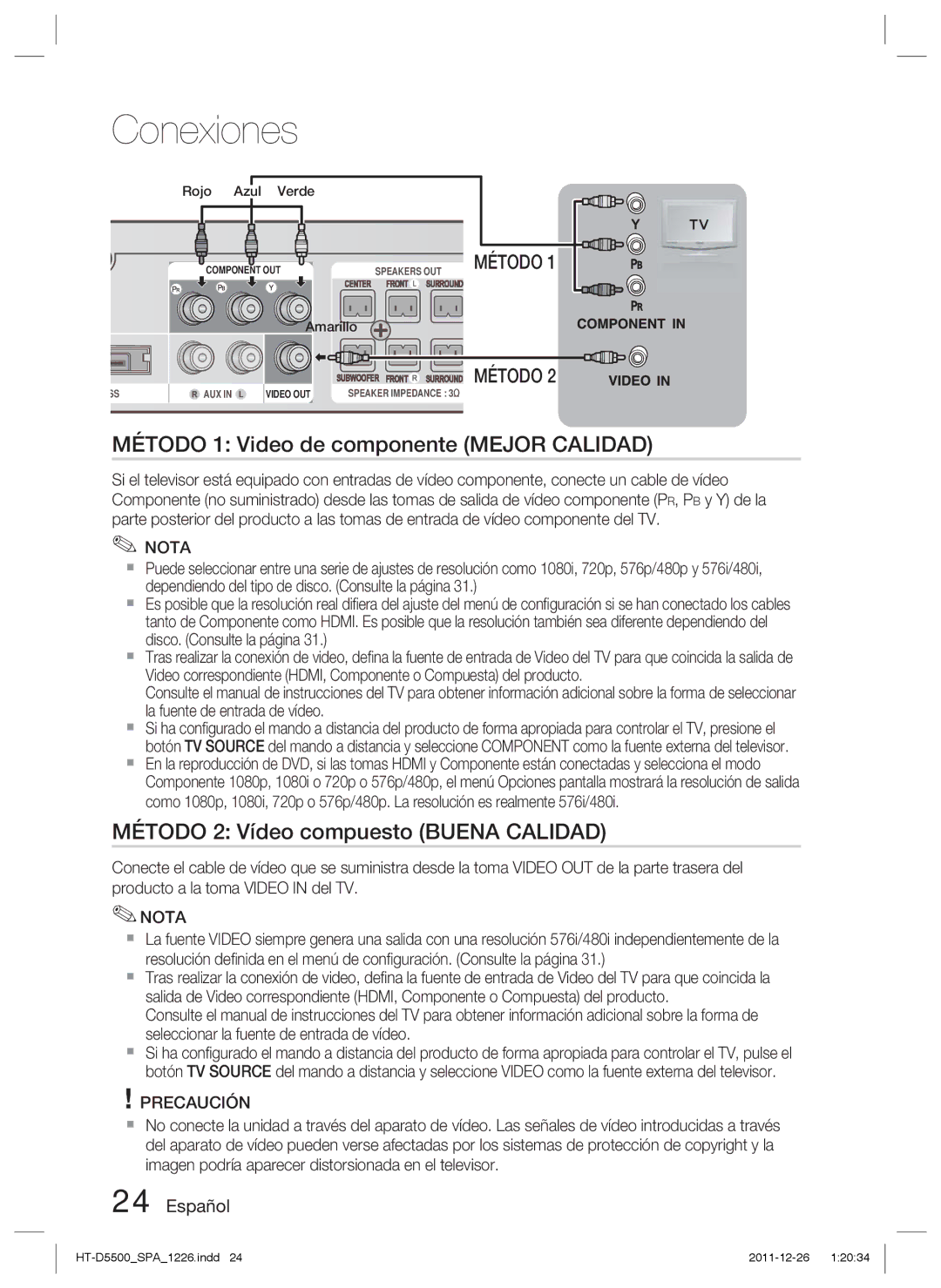 Samsung HT-D5530/ZF, HT-D5550/ZF manual Método 1 Video de componente Mejor Calidad, Método 2 Vídeo compuesto Buena Calidad 