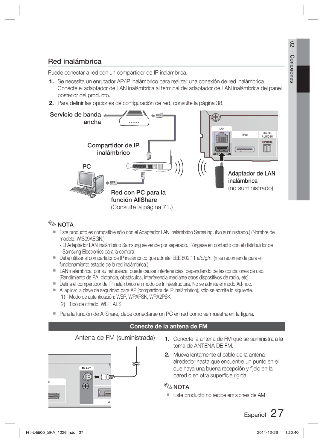 Samsung HT-D5530/ZF, HT-D5550/ZF manual Antena de FM suministrada, Servicio de banda ancha Compartidor de IP Inalámbrico 