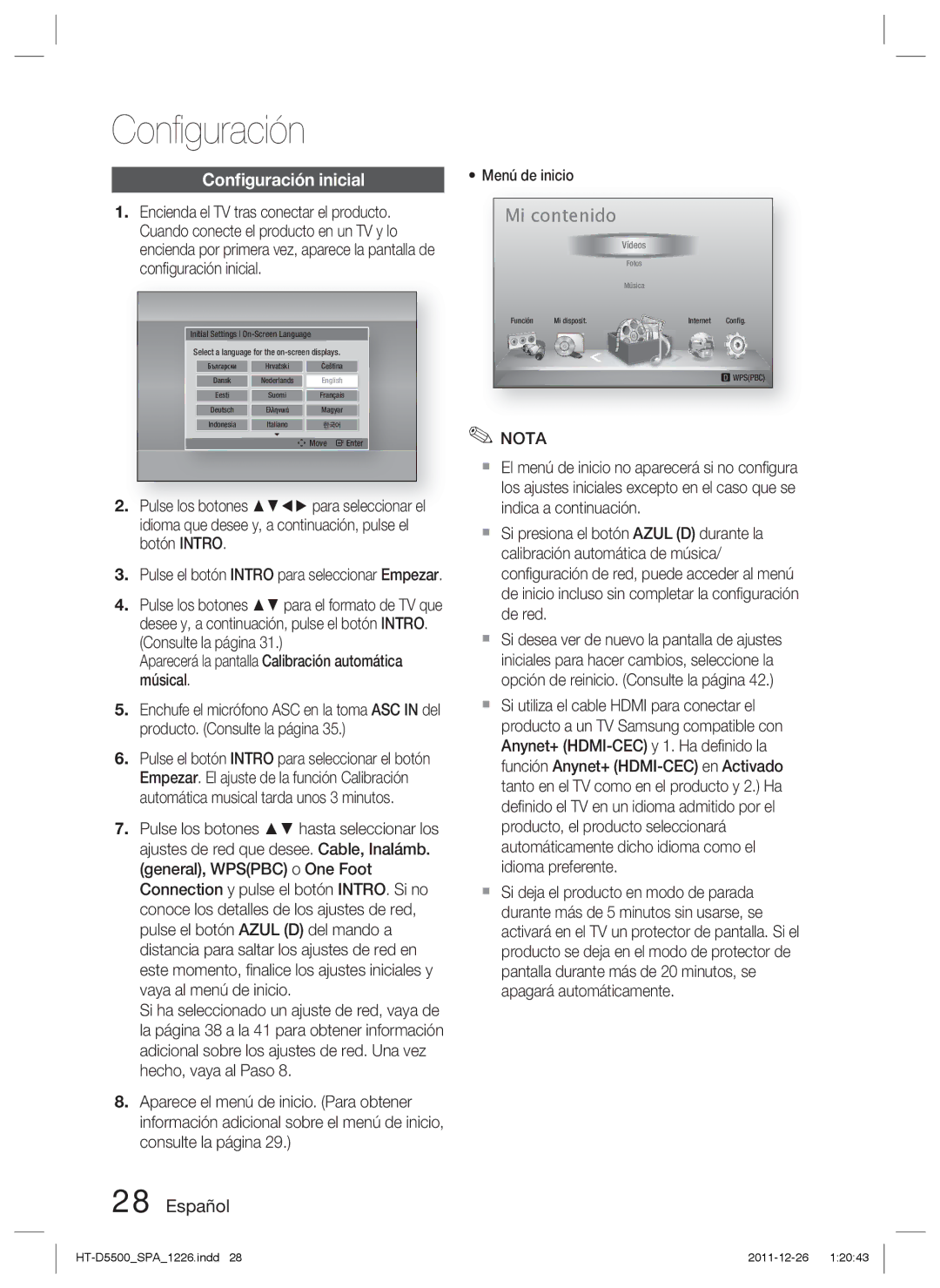 Samsung HT-D5550/ZF, HT-D5530/ZF Conﬁguración inicial, Menú de inicio, Pulse el botón Intro para seleccionar Empezar 