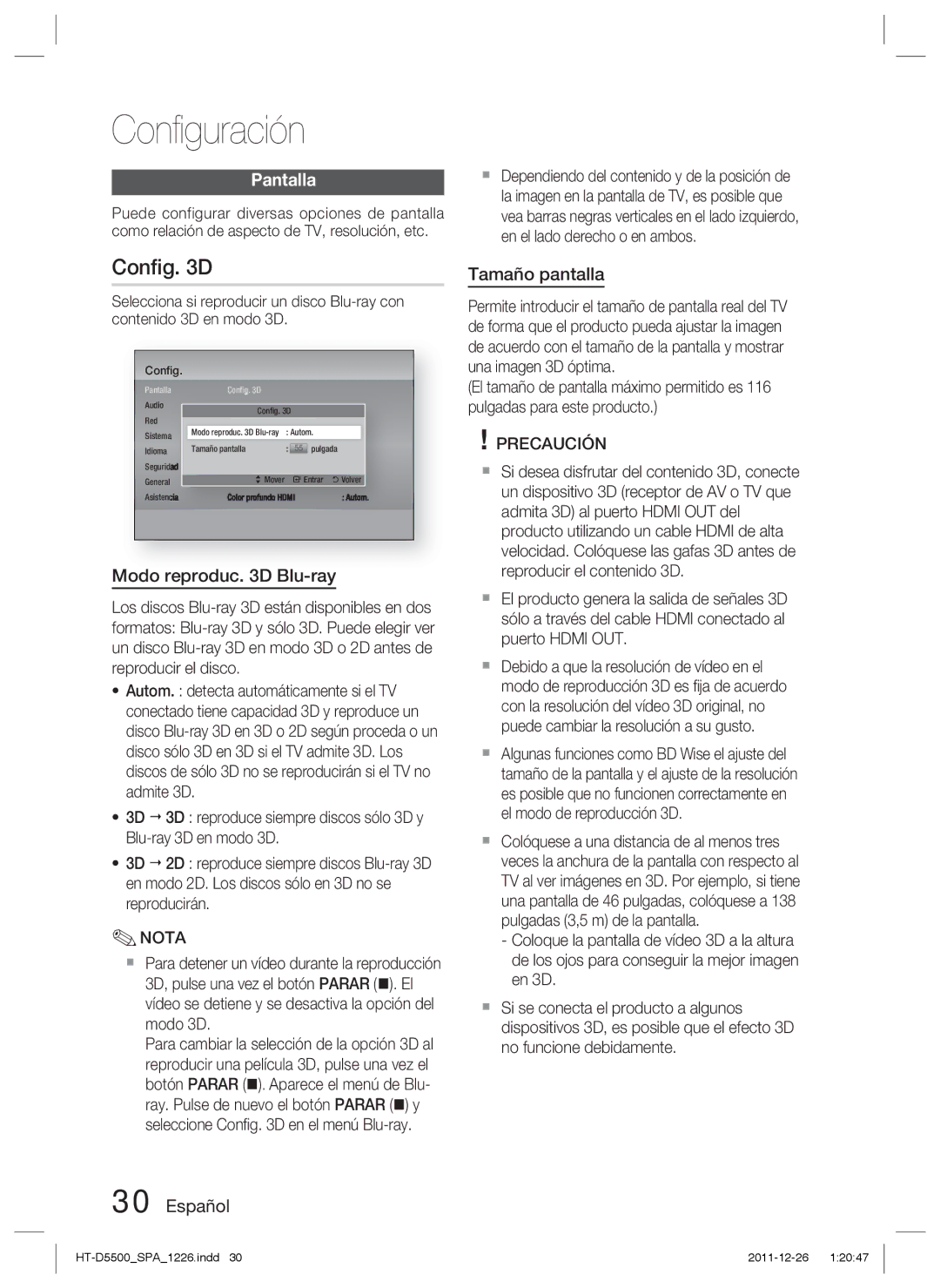 Samsung HT-D5530/ZF, HT-D5550/ZF, HT-D5500/ZF manual Conﬁg D, Pantalla, Modo reproduc D Blu-ray, Tamaño pantalla 