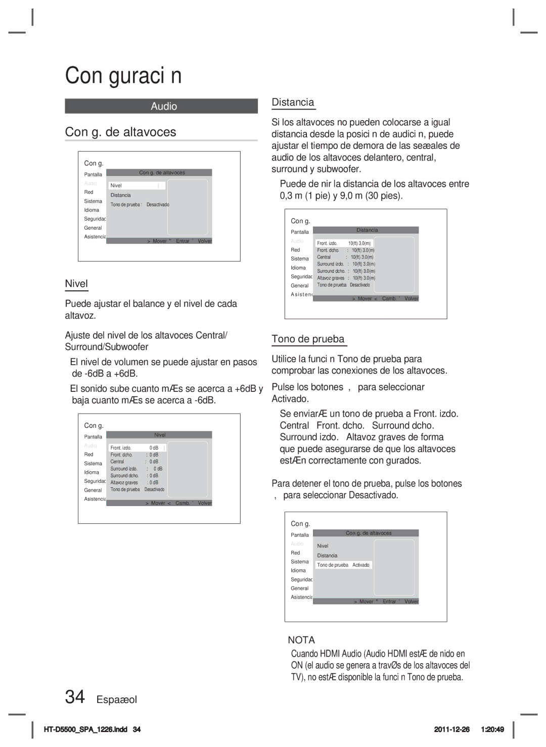 Samsung HT-D5550/ZF, HT-D5530/ZF, HT-D5500/ZF manual Conﬁg. de altavoces, Nivel, Español Distancia, Tono de prueba 