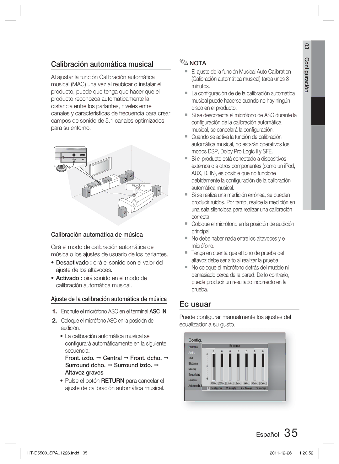 Samsung HT-D5500/ZF, HT-D5530/ZF, HT-D5550/ZF Calibración automática musical, Ec usuar, Calibración automática de música 