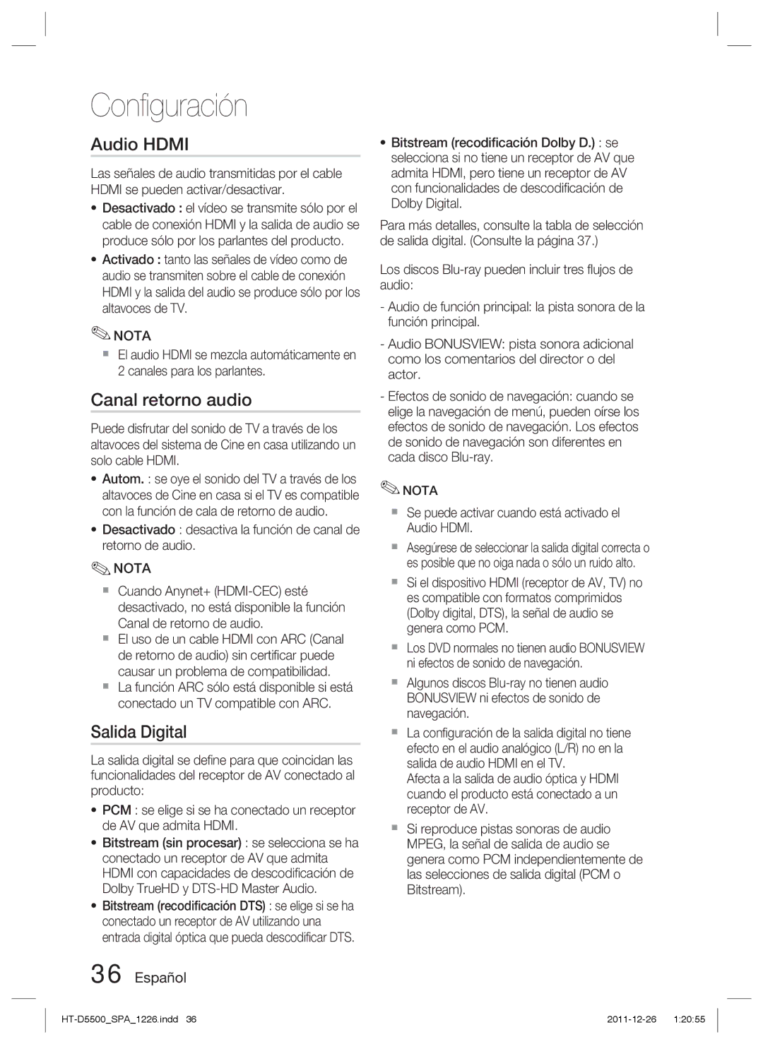 Samsung HT-D5530/ZF manual Canal retorno audio, Salida Digital,  Se puede activar cuando está activado el Audio Hdmi 