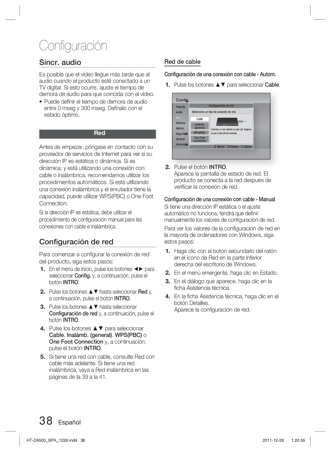 Samsung HT-D5500/ZF, HT-D5530/ZF, HT-D5550/ZF manual Sincr. audio, Conﬁguración de red, Red de cable 