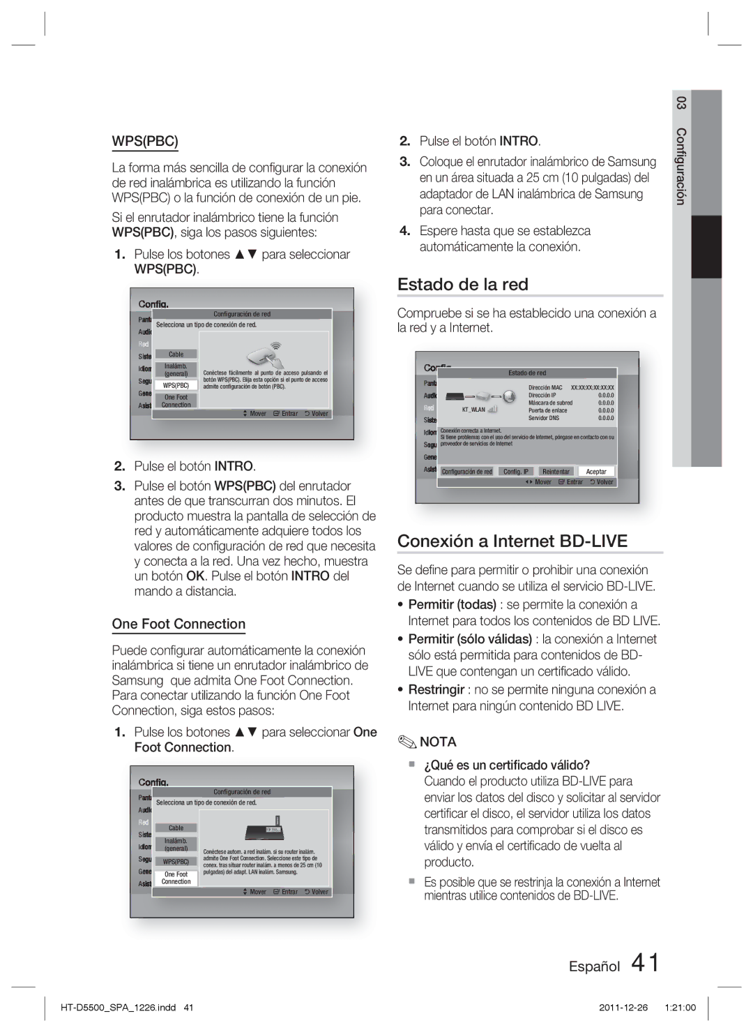 Samsung HT-D5500/ZF, HT-D5530/ZF Estado de la red, Conexión a Internet BD-LIVE, Pulse los botones para seleccionar Wpspbc 