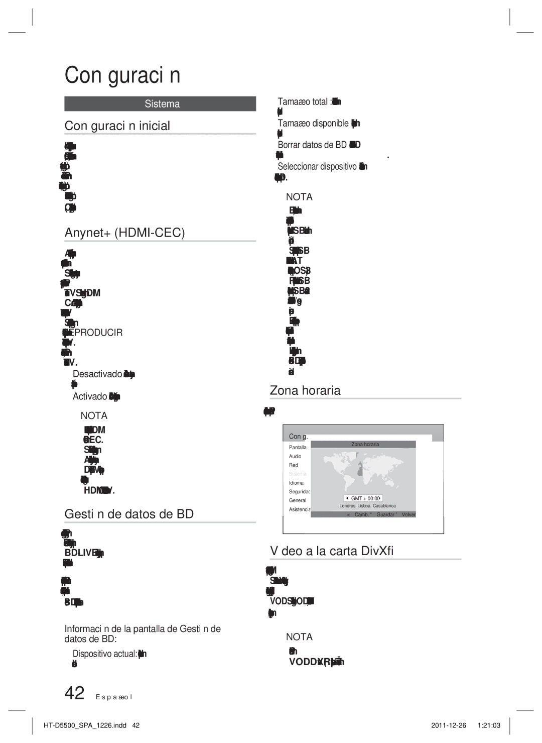 Samsung HT-D5530/ZF, HT-D5550/ZF manual Conﬁguración inicial, Gestión de datos de BD, Zona horaria, Vídeo a la carta DivX 