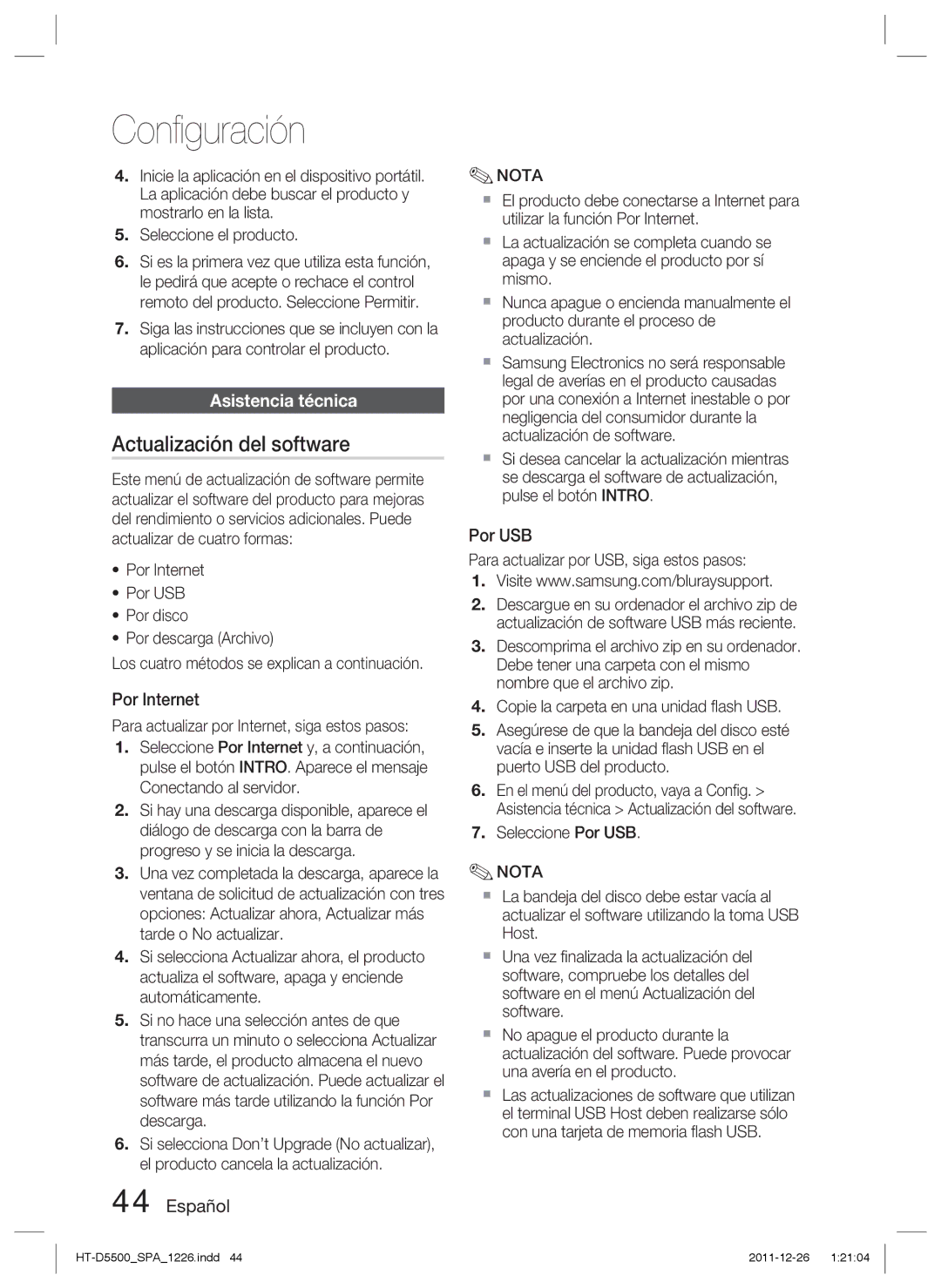 Samsung HT-D5500/ZF, HT-D5530/ZF, HT-D5550/ZF manual Actualización del software, Asistencia técnica, Por Internet, Por USB 