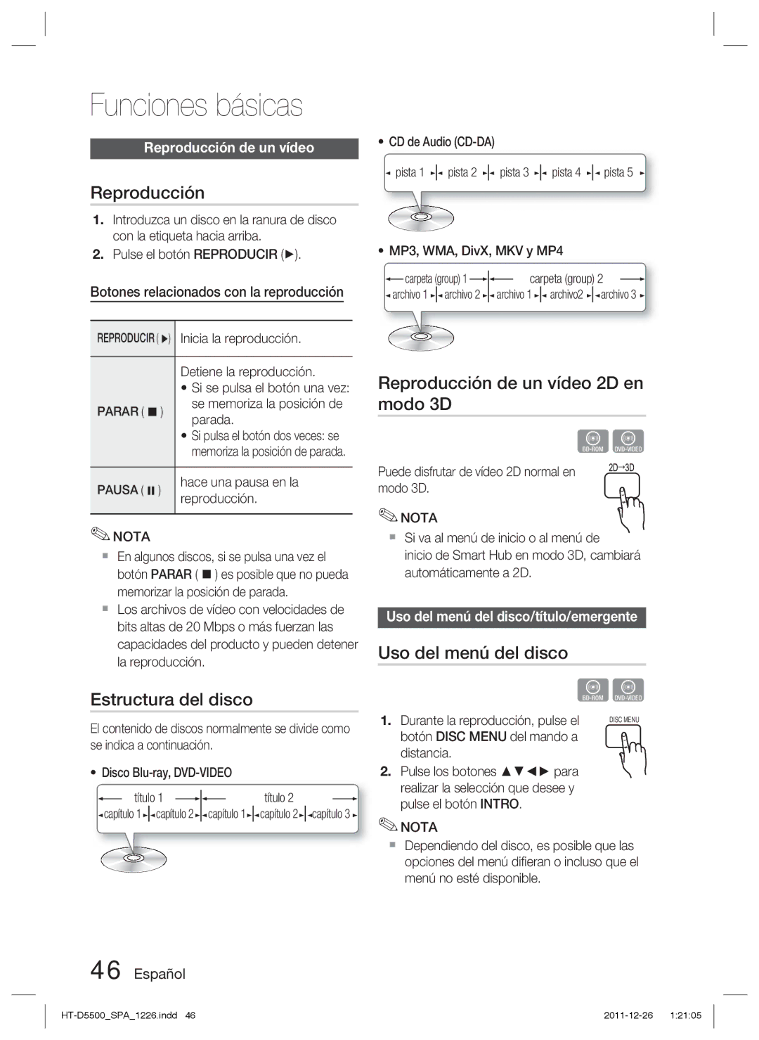 Samsung HT-D5550/ZF, HT-D5530/ZF manual Funciones básicas, Estructura del disco, Reproducción de un vídeo 2D en modo 3D 