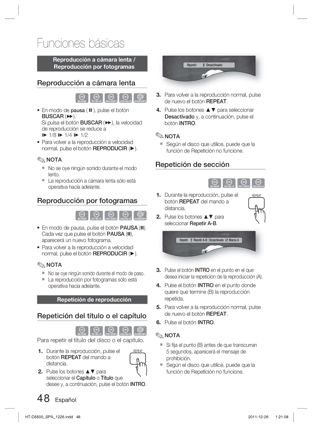 Samsung HT-D5530/ZF manual Reproducción a cámara lenta, Reproducción por fotogramas, Repetición del título o el capítulo 