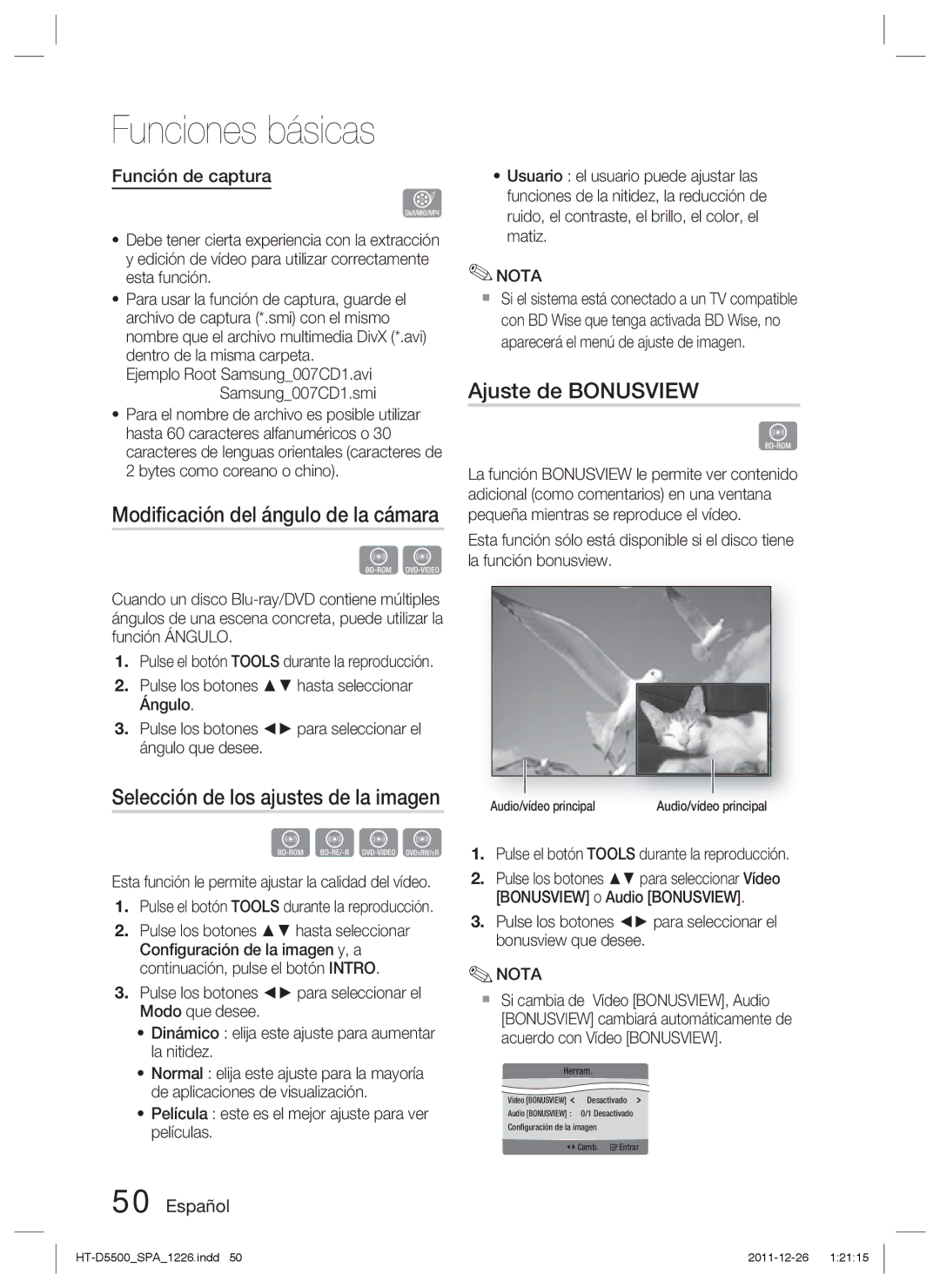 Samsung HT-D5500/ZF, HT-D5530/ZF, HT-D5550/ZF Modiﬁcación del ángulo de la cámara, Ajuste de Bonusview, Función de captura 