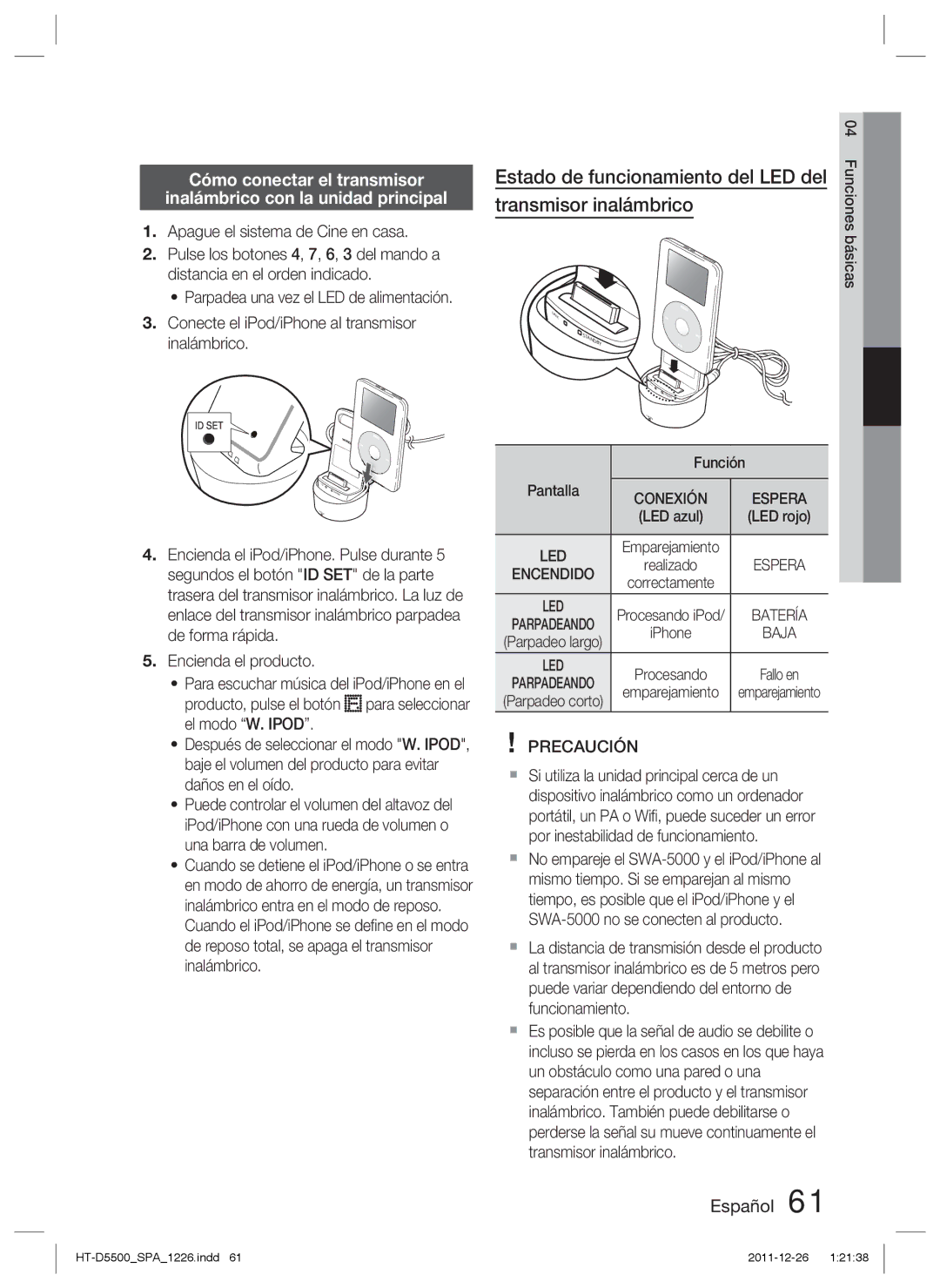 Samsung HT-D5550/ZF, HT-D5530/ZF manual Estado de funcionamiento del LED del transmisor inalámbrico, Funciones básicas 