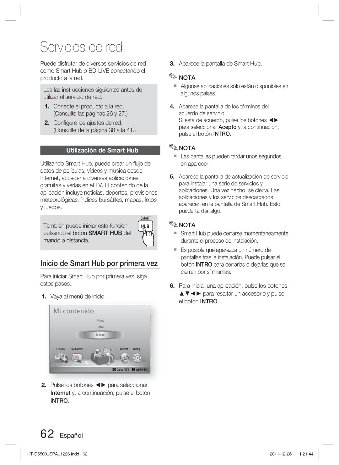 Samsung HT-D5500/ZF, HT-D5530/ZF manual Servicios de red, Inicio de Smart Hub por primera vez, Utilización de Smart Hub 