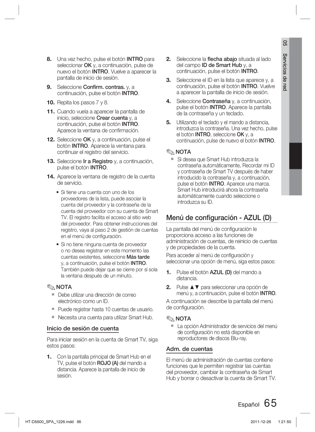 Samsung HT-D5500/ZF manual Menú de conﬁguración Azul D, Inicio de sesión de cuenta, Adm. de cuentas, Servicios de red 