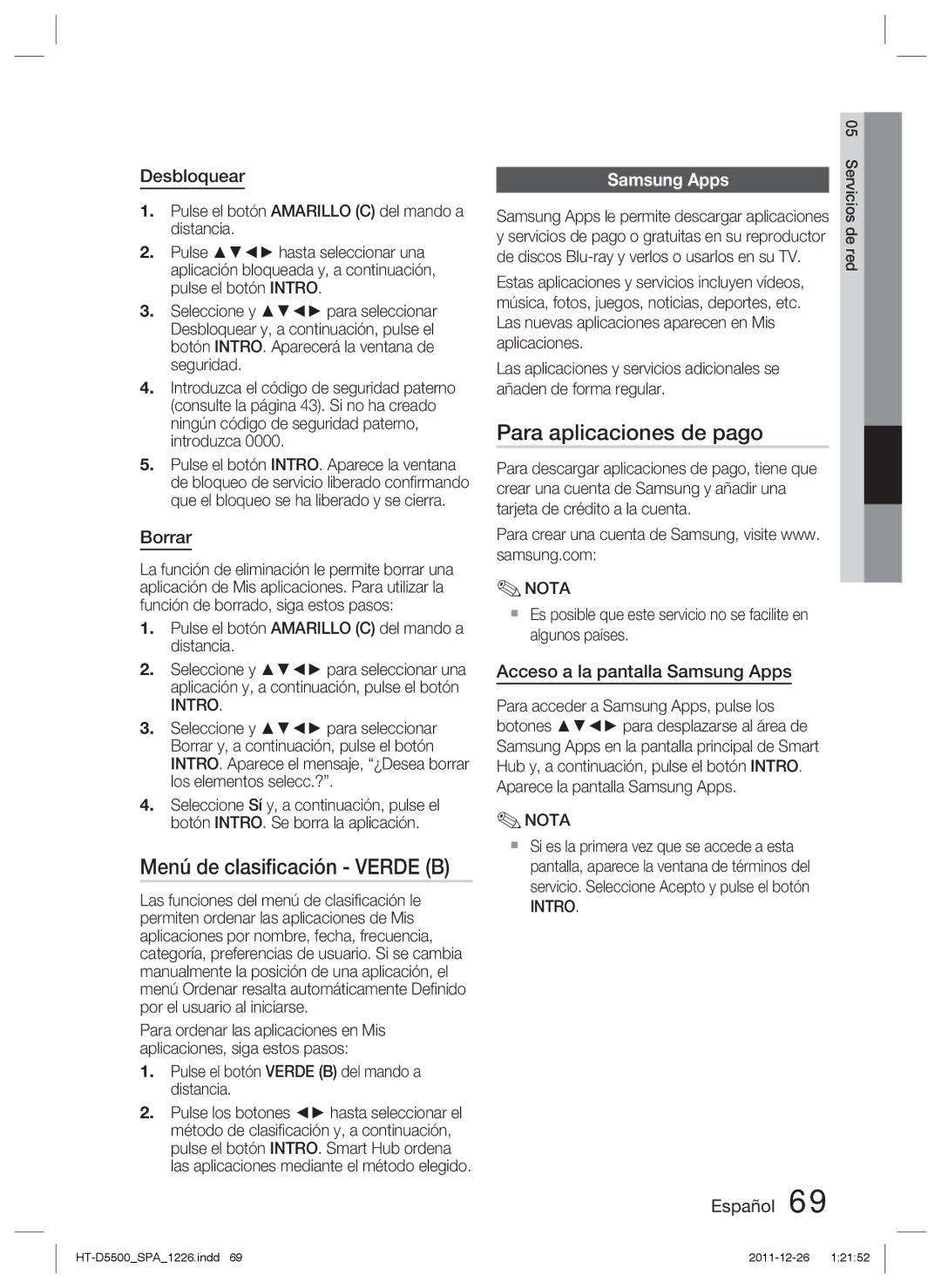 Samsung HT-D5530/ZF, HT-D5550/ZF, HT-D5500/ZF Menú de clasiﬁcación Verde B, Para aplicaciones de pago, Desbloquear, Borrar 