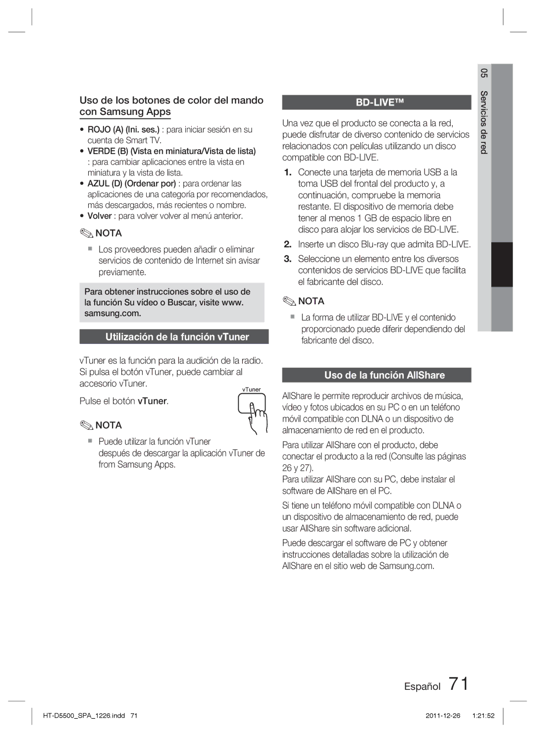 Samsung HT-D5500/ZF, HT-D5530/ZF Uso de los botones de color del mando con Samsung Apps, Utilización de la función vTuner 