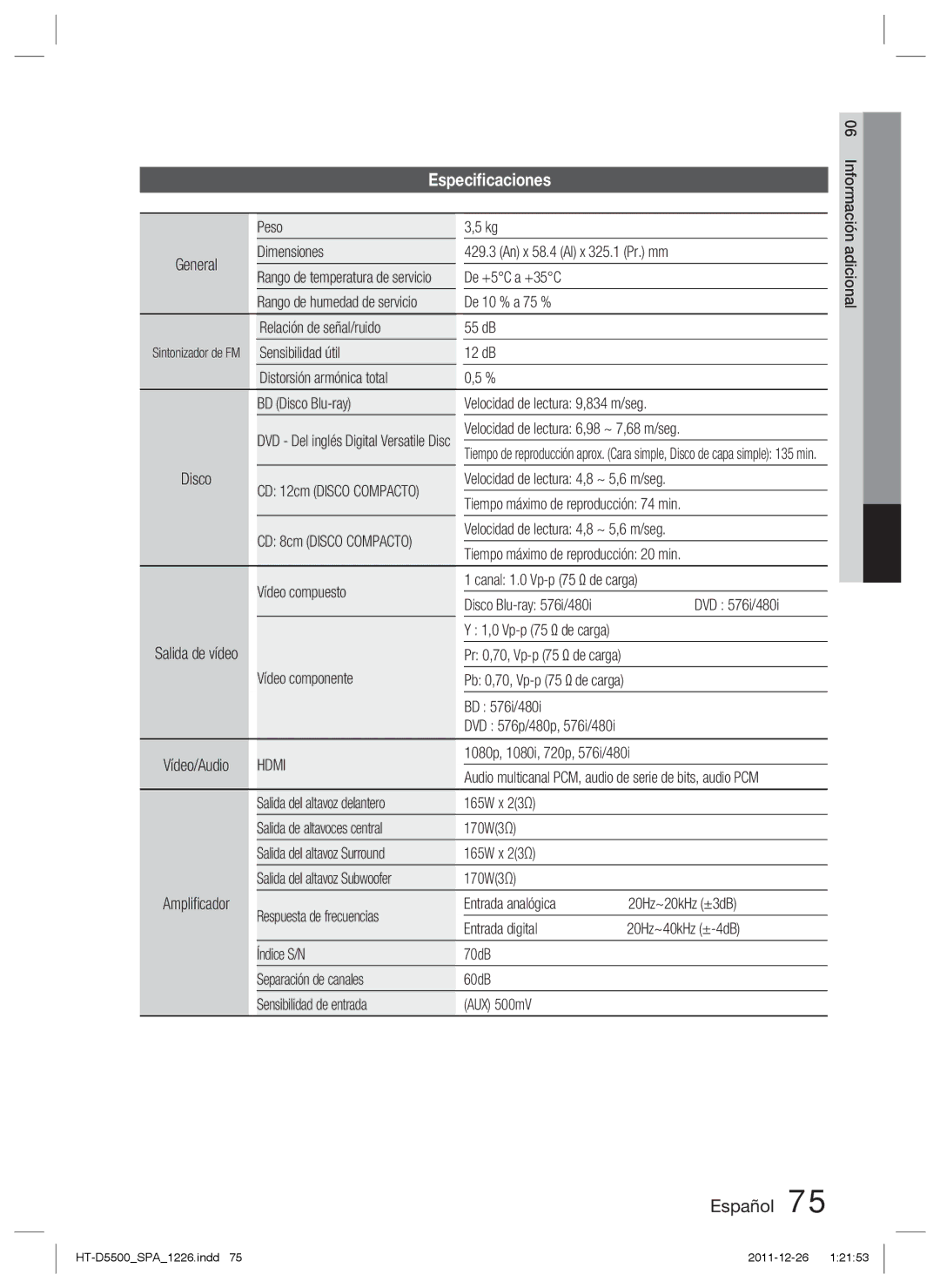 Samsung HT-D5530/ZF, HT-D5550/ZF, HT-D5500/ZF manual Especiﬁcaciones 