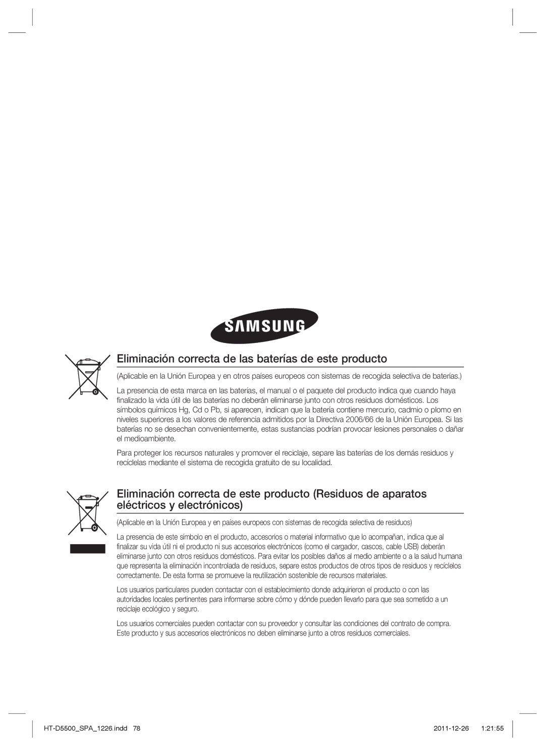 Samsung HT-D5530/ZF, HT-D5550/ZF, HT-D5500/ZF manual Eliminación correcta de las baterías de este producto 