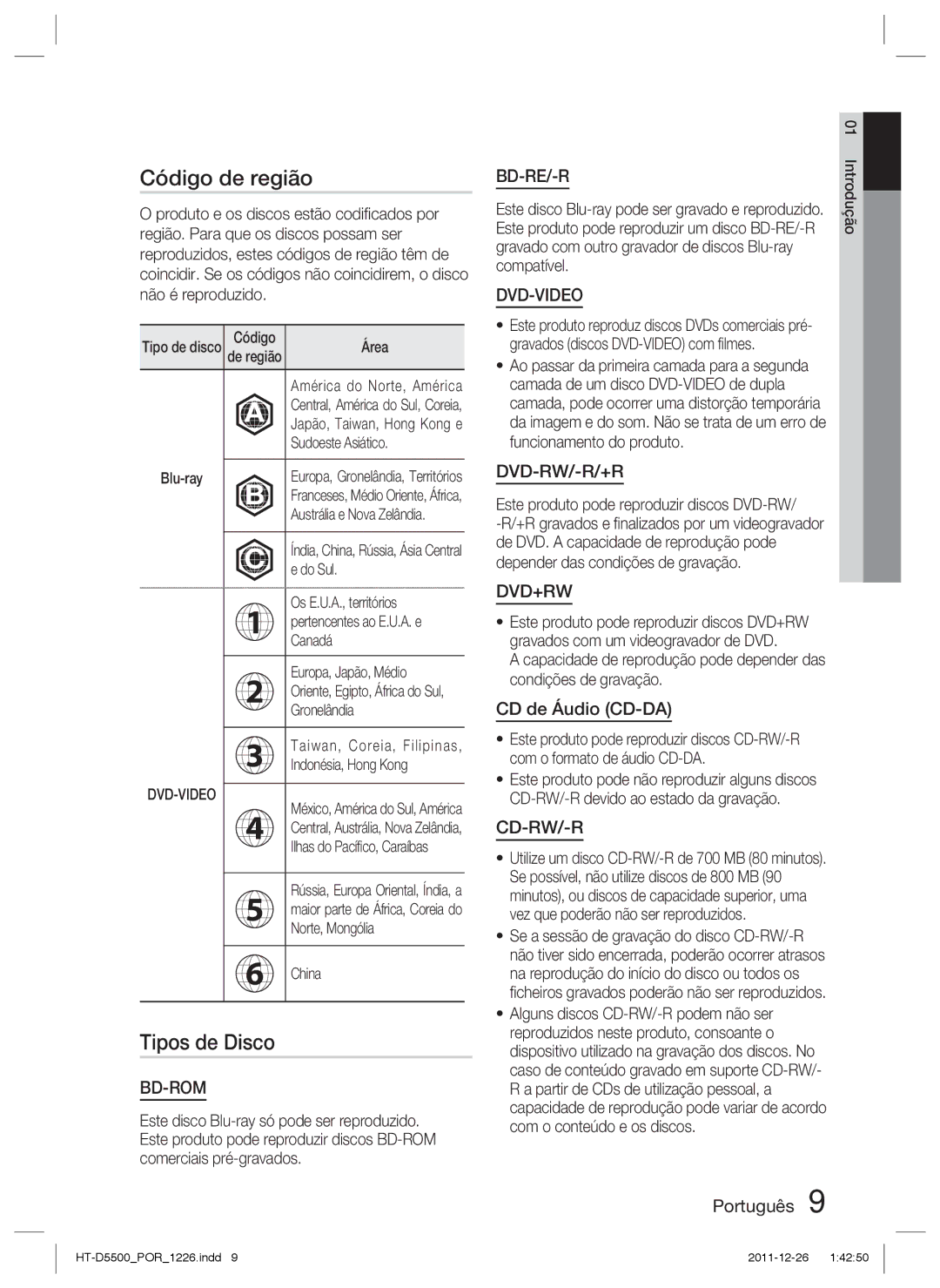 Samsung HT-D5530/ZF, HT-D5550/ZF, HT-D5500/ZF manual Código de região, CD de Áudio CD-DA 