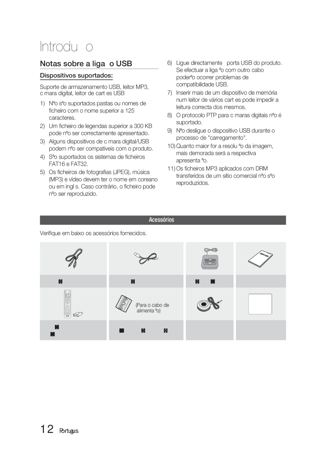 Samsung HT-D5530/ZF, HT-D5550/ZF, HT-D5500/ZF manual Notas sobre a ligação USB, Dispositivos suportados, Acessórios 