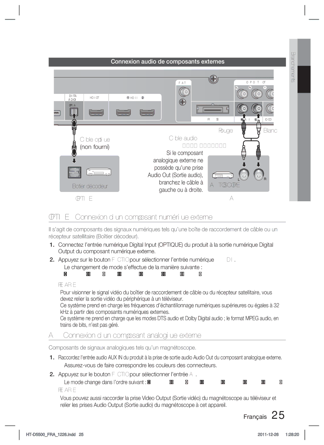 Samsung HT-D5550/ZF Optique Connexion d’un composant numérique externe, AUX Connexion d’un composant analogique externe 