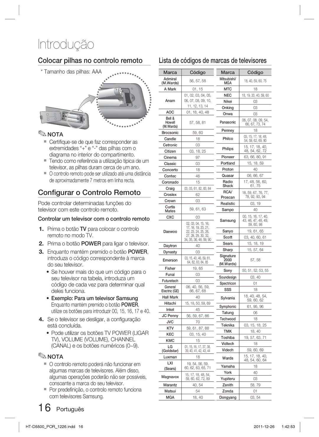 Samsung HT-D5550/ZF, HT-D5530/ZF, HT-D5500/ZF manual Conﬁgurar o Controlo Remoto, Tamanho das pilhas AAA 