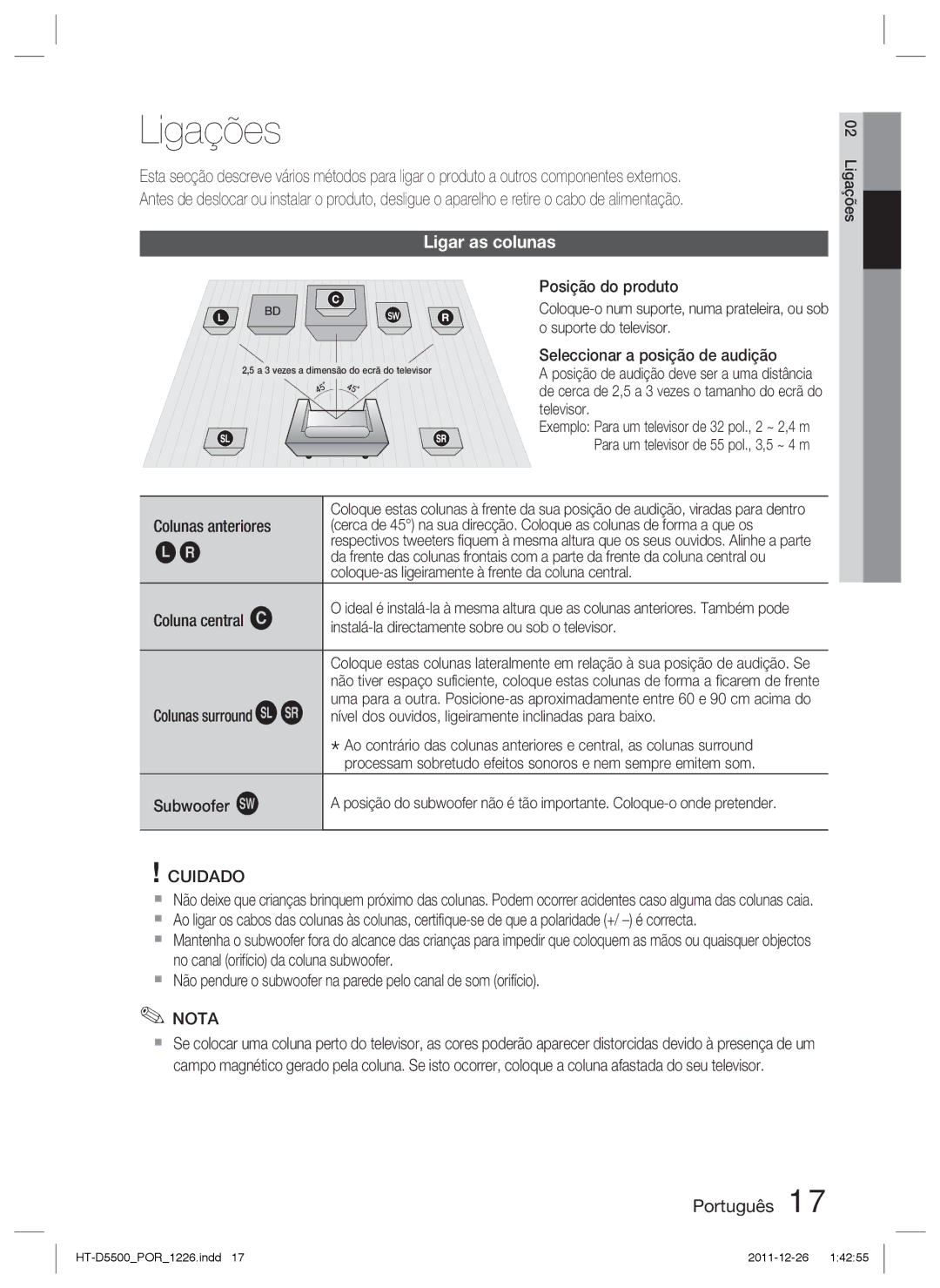 Samsung HT-D5500/ZF, HT-D5530/ZF, HT-D5550/ZF manual Ligações, Ligar as colunas 