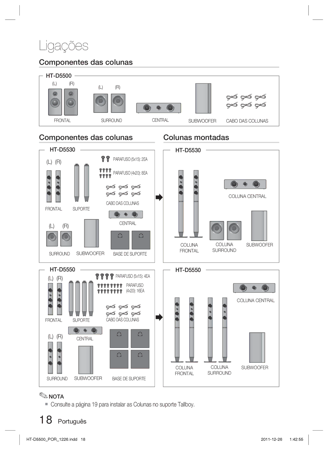 Samsung HT-D5530/ZF, HT-D5550/ZF, HT-D5500/ZF manual Componentes das colunas Colunas montadas 