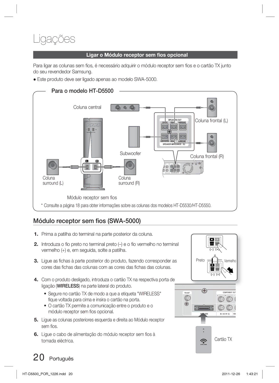 Samsung HT-D5500/ZF Módulo receptor sem ﬁos SWA-5000, Ligar o Módulo receptor sem ﬁos opcional, Subwoofer Coluna frontal R 