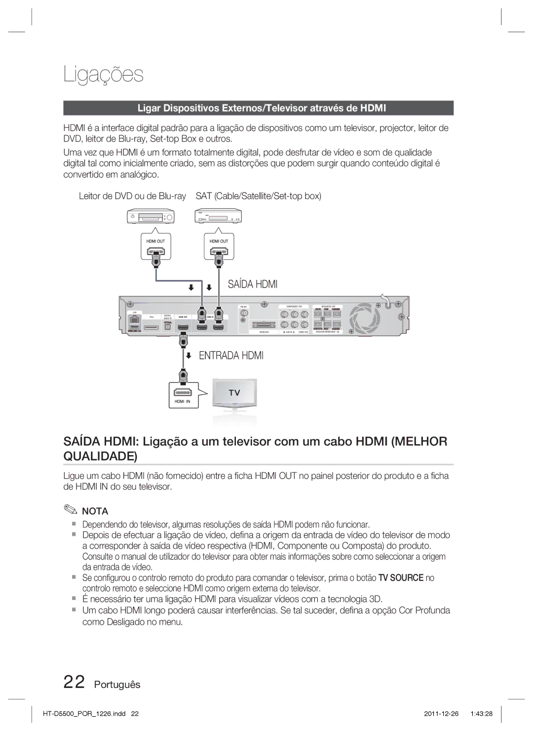 Samsung HT-D5550/ZF, HT-D5530/ZF, HT-D5500/ZF manual Ligar Dispositivos Externos/Televisor através de Hdmi, Saída Hdmi 