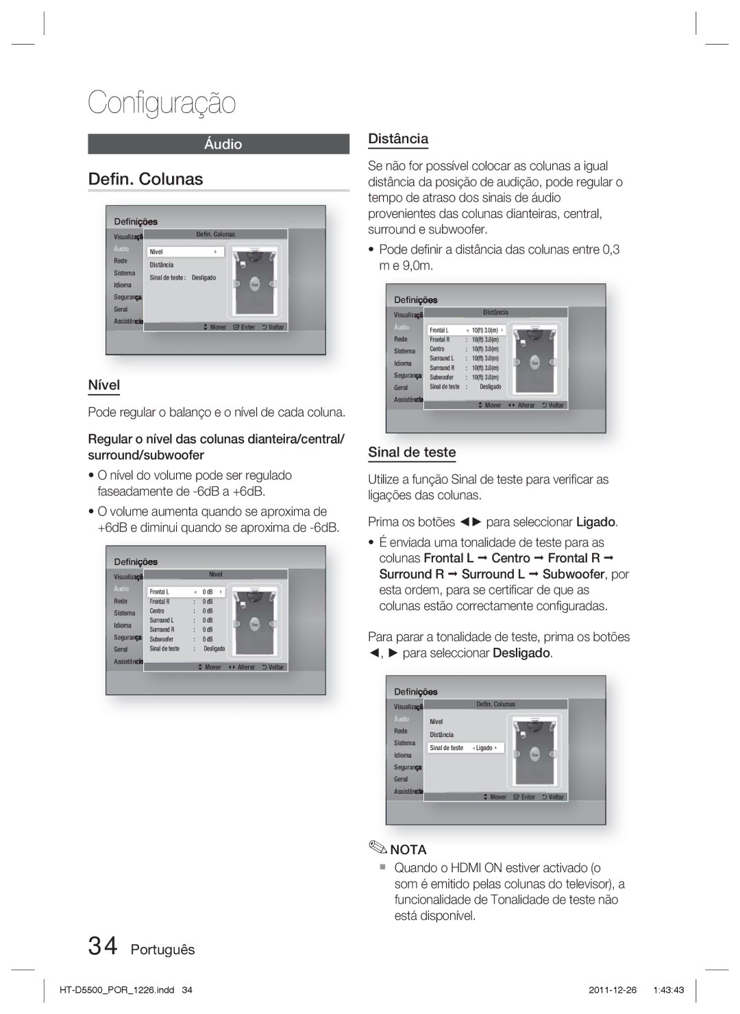 Samsung HT-D5550/ZF, HT-D5530/ZF, HT-D5500/ZF manual Deﬁn. Colunas, Nível, Português Distância, Sinal de teste 