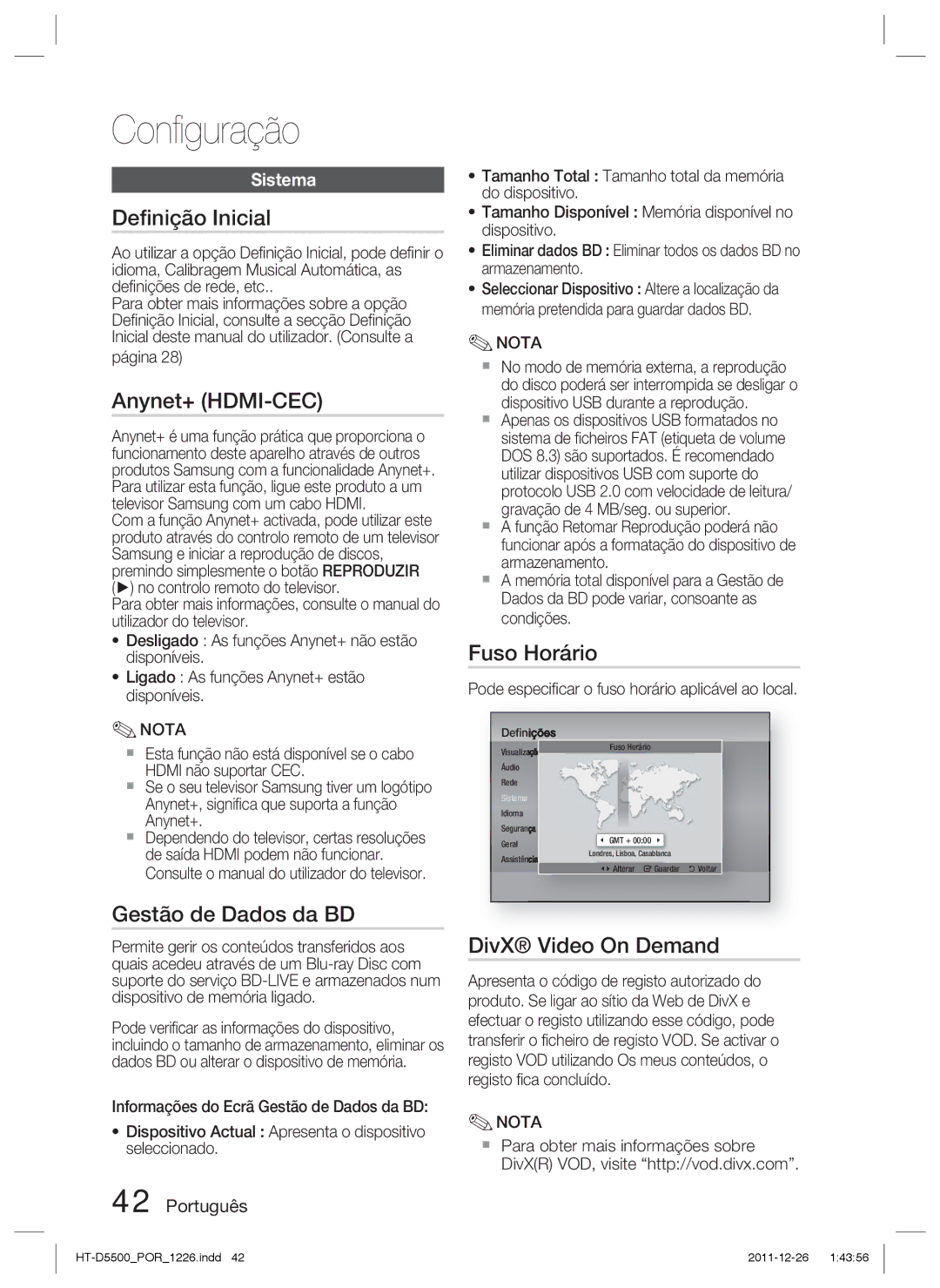 Samsung HT-D5530/ZF, HT-D5550/ZF, HT-D5500/ZF manual Deﬁnição Inicial, Gestão de Dados da BD, Fuso Horário 