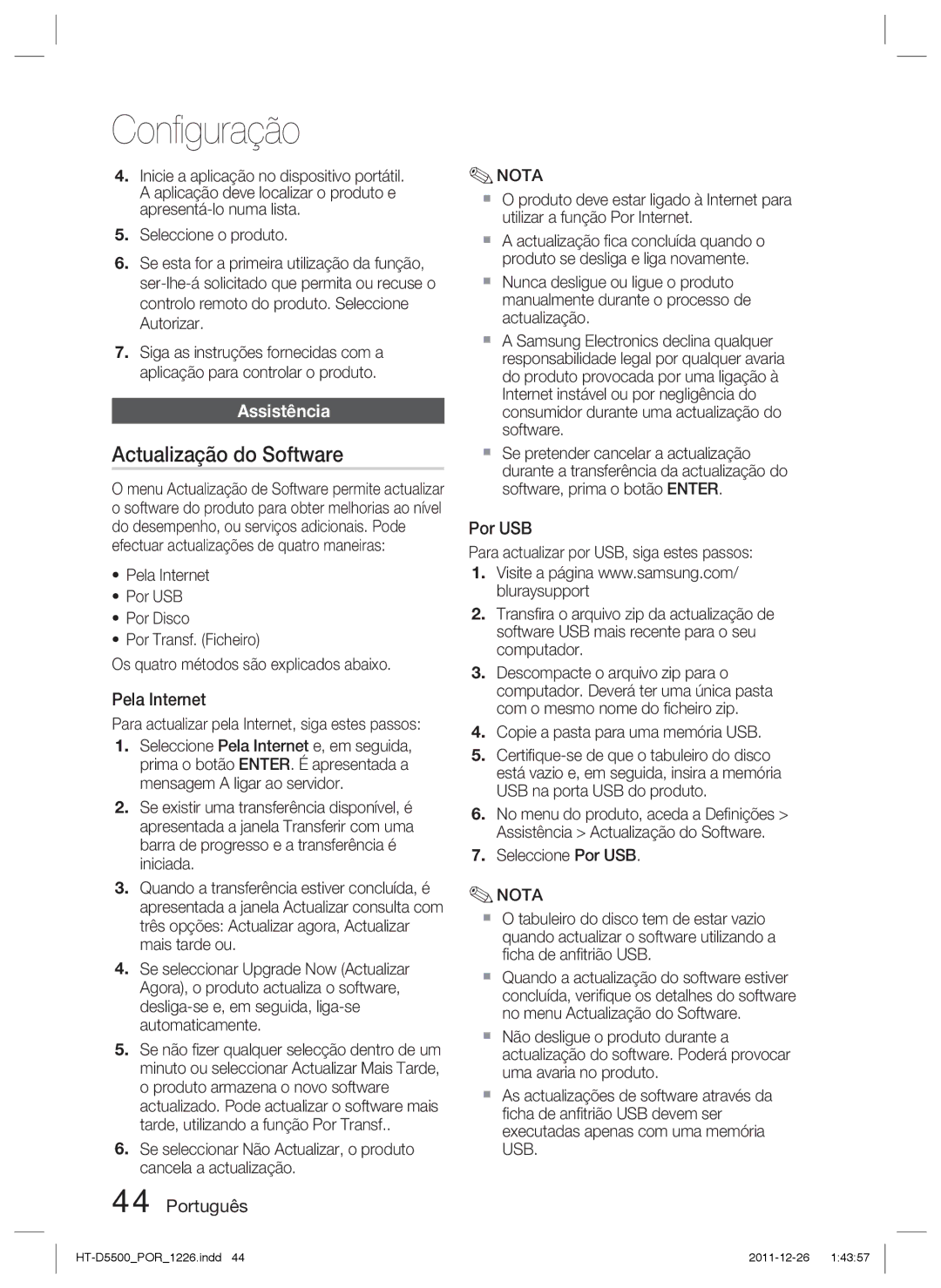 Samsung HT-D5500/ZF Actualização do Software, Assistência, Pela Internet, Para actualizar pela Internet, siga estes passos 