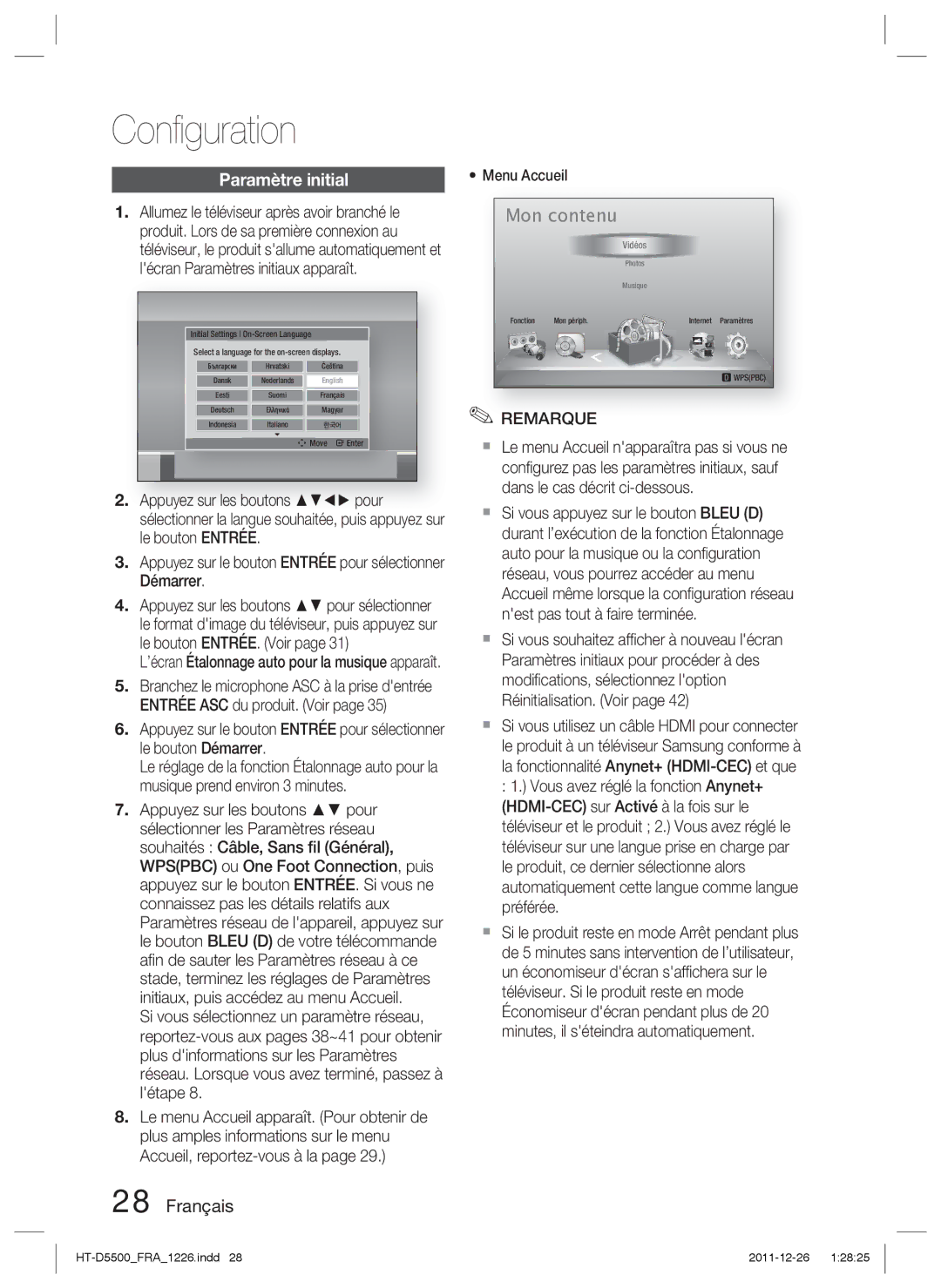 Samsung HT-D5550/ZF, HT-D5530/ZF, HT-D5500/ZF manual Conﬁguration, Paramètre initial, Menu Accueil 