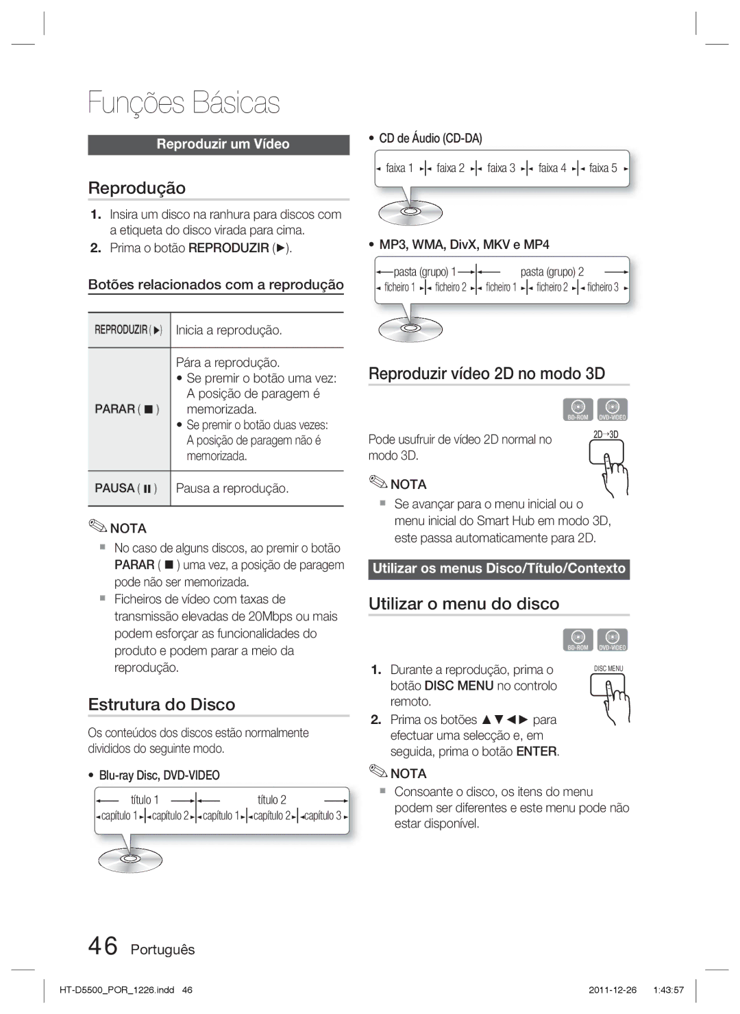 Samsung HT-D5550/ZF, HT-D5530/ZF manual Funções Básicas, Reprodução, Estrutura do Disco, Reproduzir vídeo 2D no modo 3D 