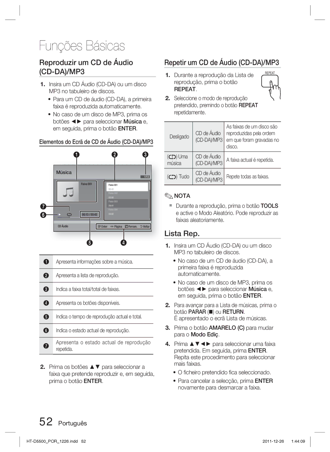 Samsung HT-D5550/ZF, HT-D5530/ZF manual Reproduzir um CD de Áudio CD-DA/MP3, Repetir um CD de Áudio CD-DA/MP3, Lista Rep 