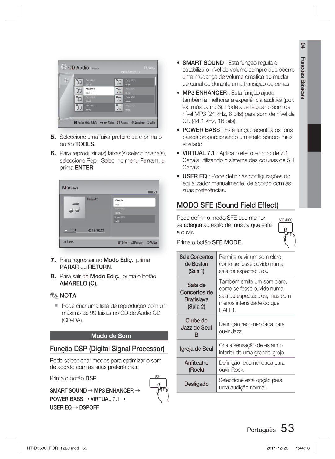 Samsung HT-D5500/ZF, HT-D5530/ZF manual Modo SFE Sound Field Effect, Função DSP Digital Signal Processor, Modo de Som, HALL1 