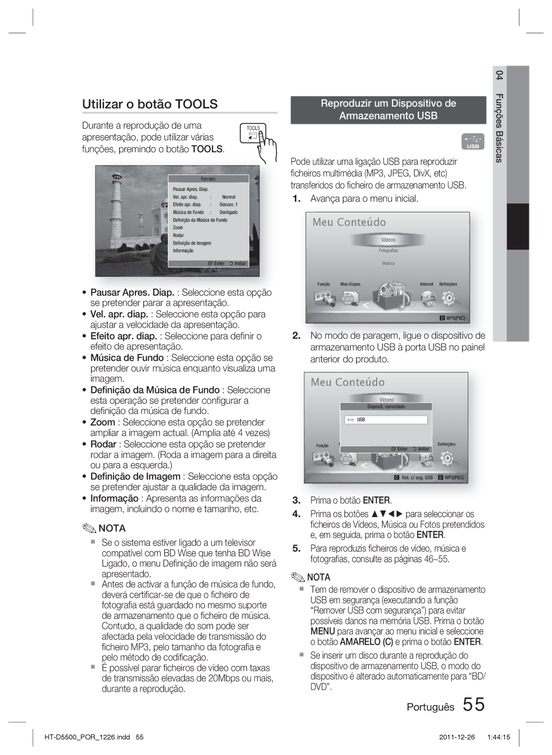 Samsung HT-D5550/ZF, HT-D5530/ZF manual Utilizar o botão Tools, Durante a reprodução de uma, Funções, premindo o botão Tools 